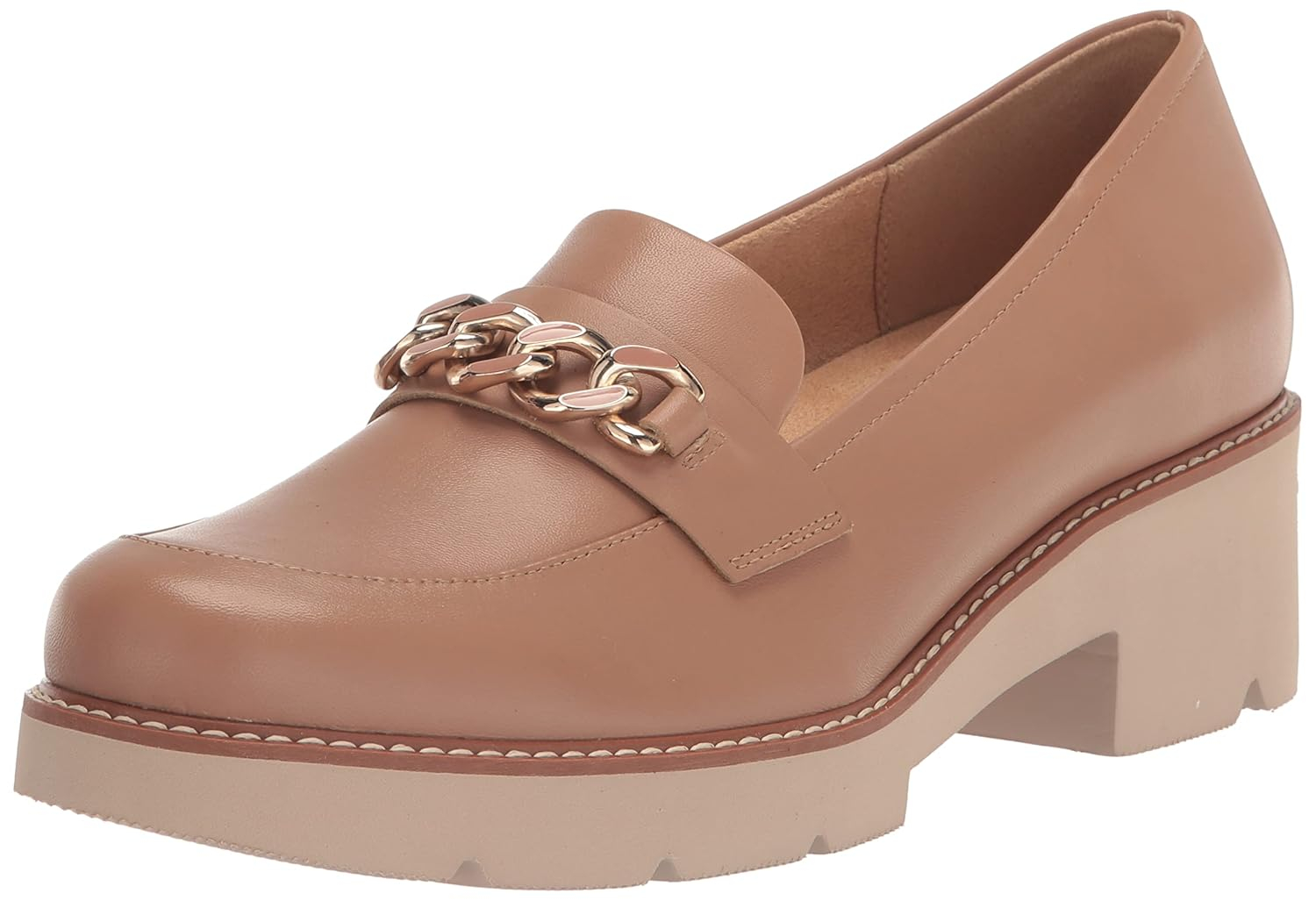 Desi Taupe Leather Platform Loafer with Metallic Chain Accent