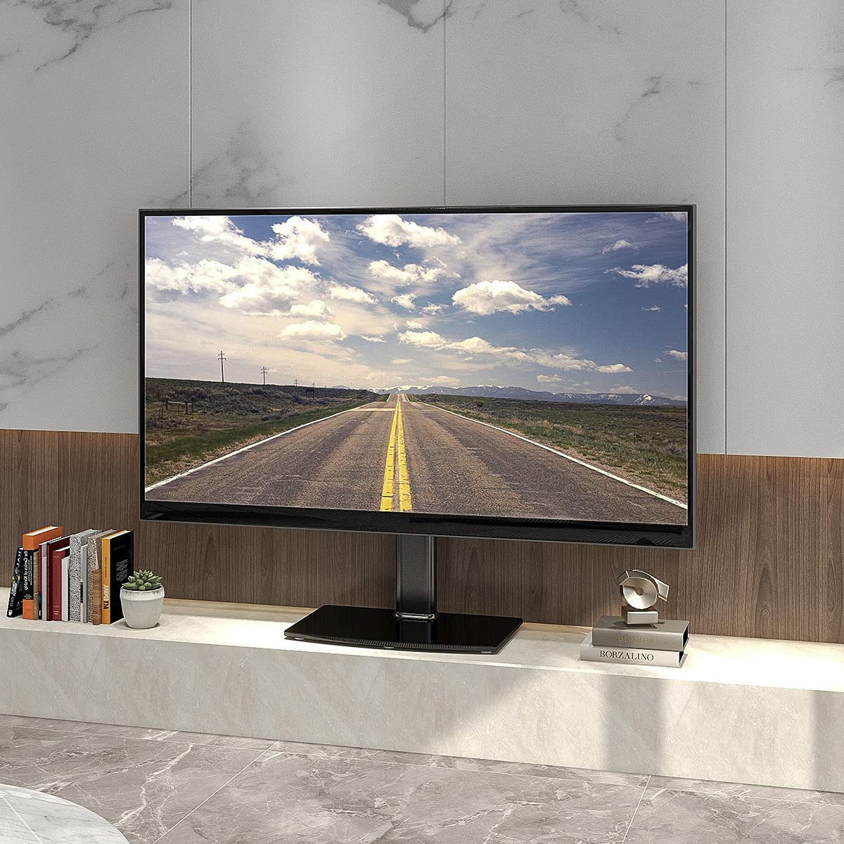 Universal Tabletop TV Stand with Wall Mount for 32 to 70 inch 4 Level Height Adjustable, Heavy Duty Tempered Glass Base, Holds up to 110lbs Screens, HT03B-002