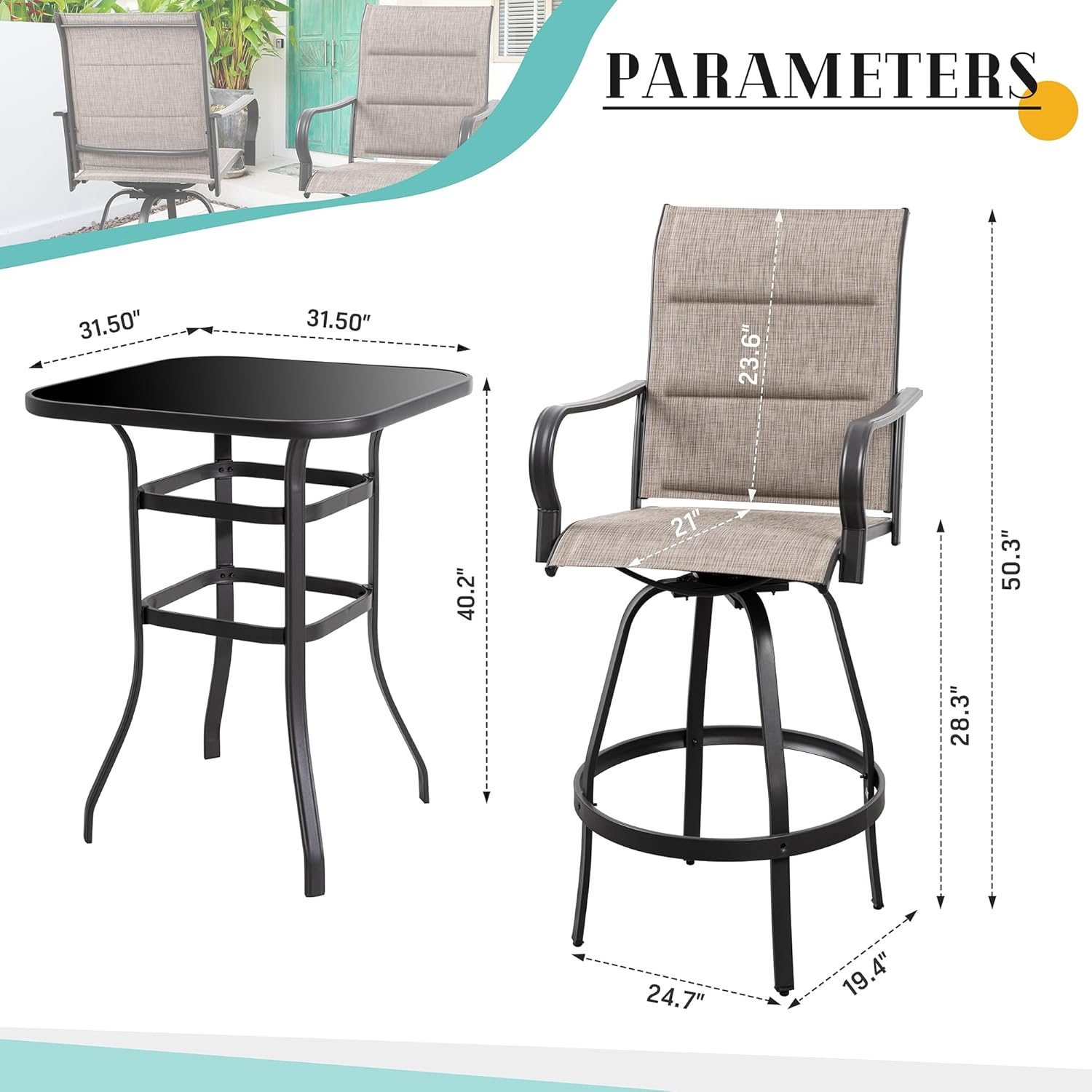 Vongrasig 5 Piece Patio Swivel Bar Set, All Weather Metal Textilene High Stools Chair Set of 4 and Glass Table, Outdoor Top Bistro for Lawn Garden, Balcony, Taupe Padded Gray VG-HGB4C1T