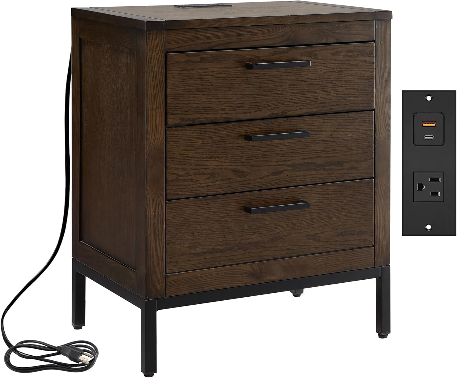 Tableau Nightstand Side Table With Top Drawer and Hidden Lower Cabinet Rustic Modern – USB-C Fast Charging Station, A/C and USB Charging Port Integrated – Durable Solid Wood, Distressed Riverstone
