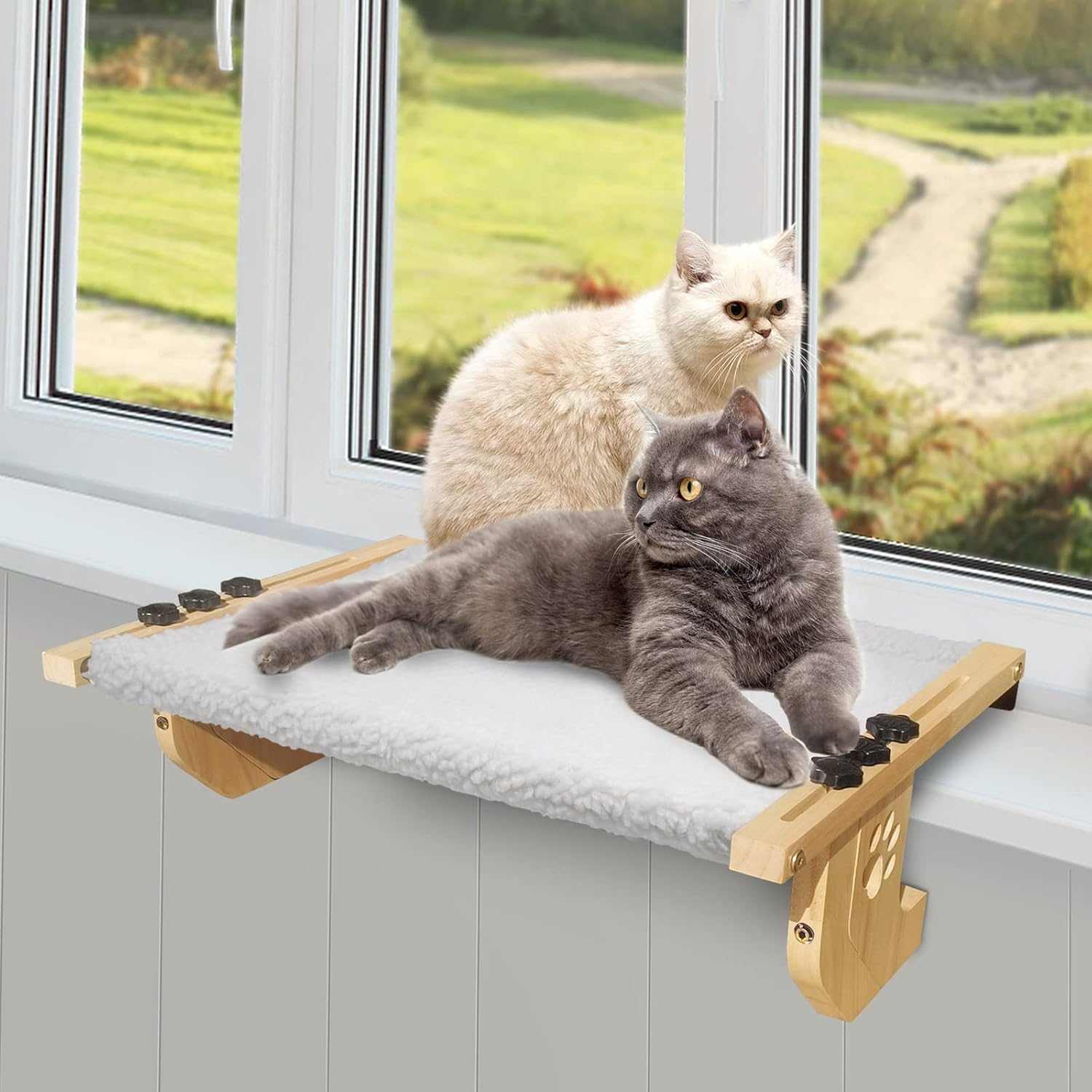 Window Perch Sturdy Cat Hammock With Wood and Metal Frame - No Drilling Required - Multiple Uses - Bed for Windowsill, Floor, Bedside or Cabinet - Suitable for Large Cats (L-White Plush)