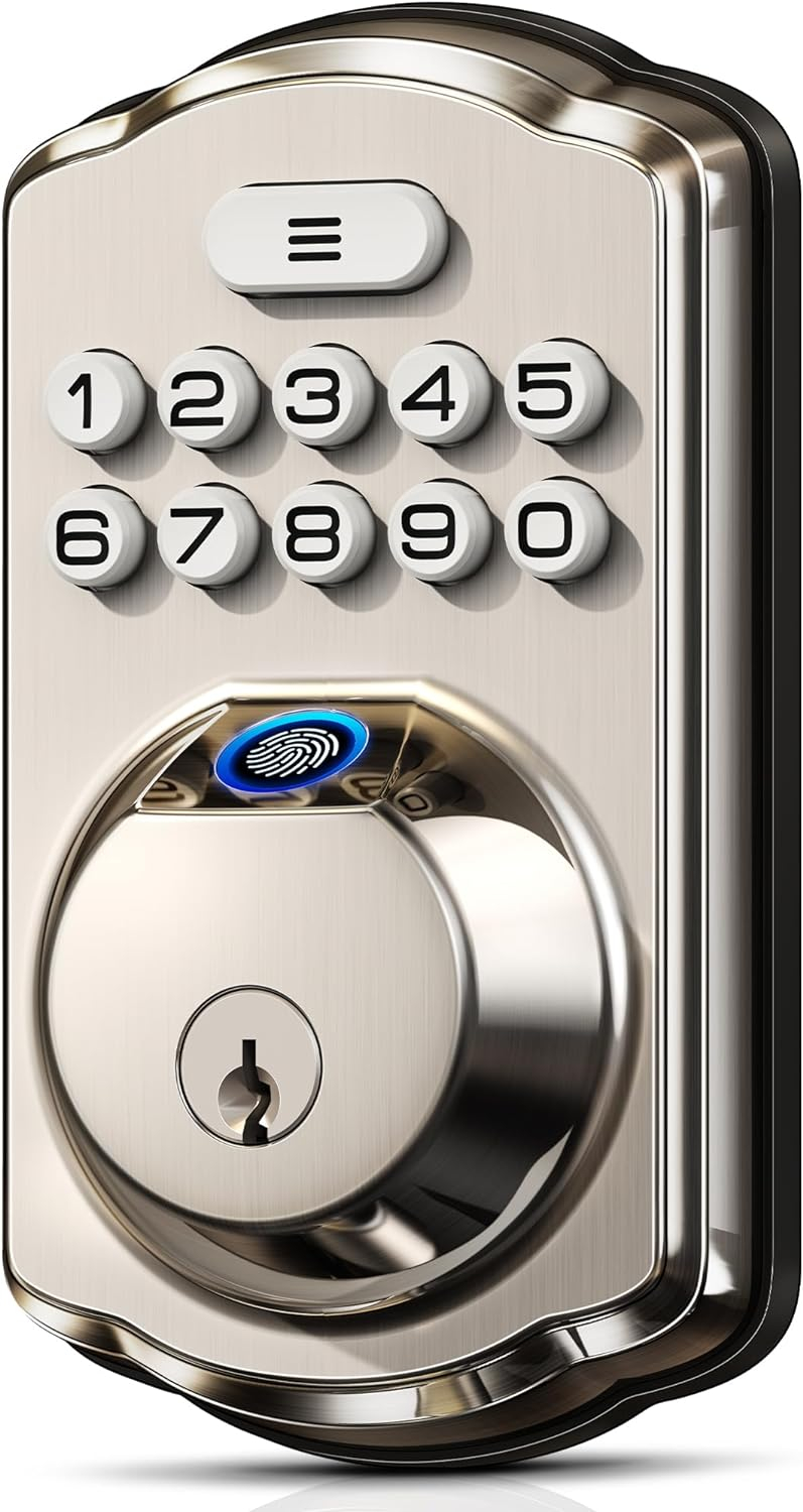Satin Nickel Electronic Keypad Deadbolt with Fingerprint Sensor