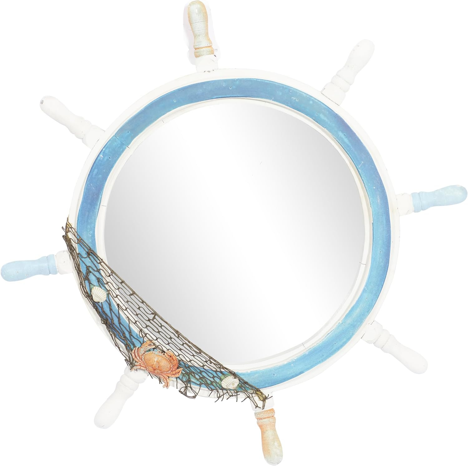 DecMode 25" x 25" White Ship Wheel Sail Boat Wall Mirror with Netting Accent