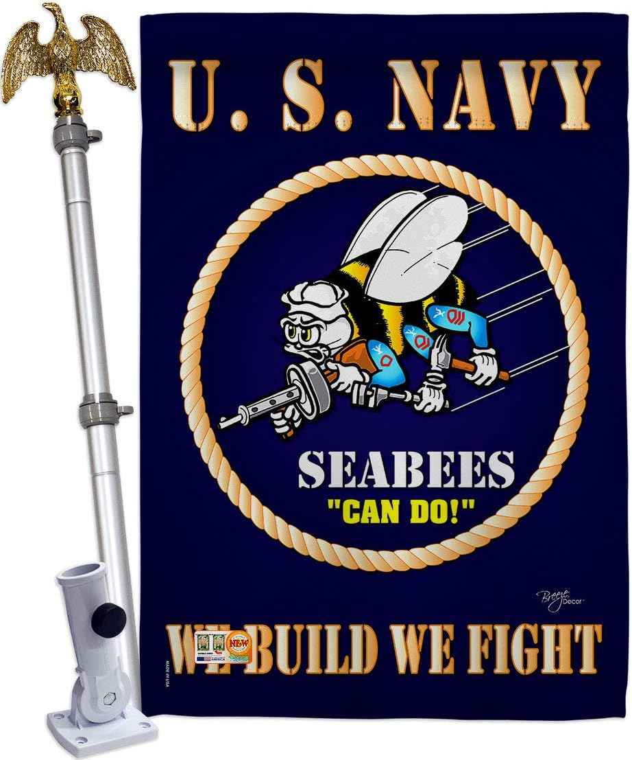 Breeze Decor Sea Bees House Flag - Armed Forces Navy USN Seabee United State American Military Veteran Retire Official - Decoration Banner Small Garden Yard Gift Double-Sided Made in USA 28 X 40