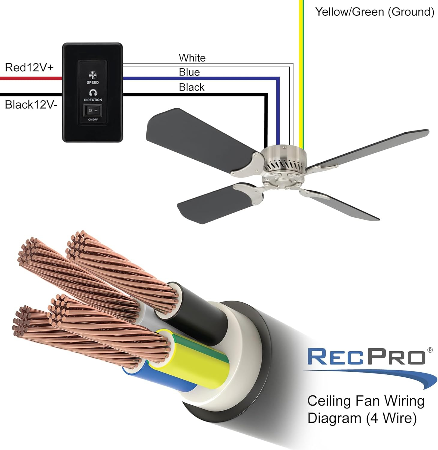 RecPro RV Ceiling Fan | 12V | 36" Brushed Nickel Finish | 4 Blades | Includes Switch (Oak)