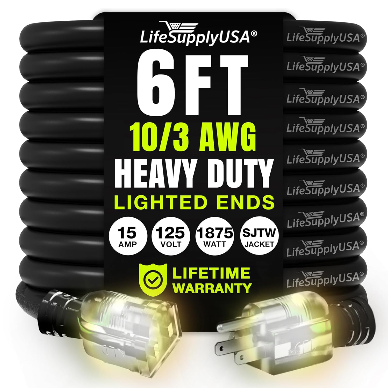 6ft Black Heavy Duty Extension Cord with Lighted Ends