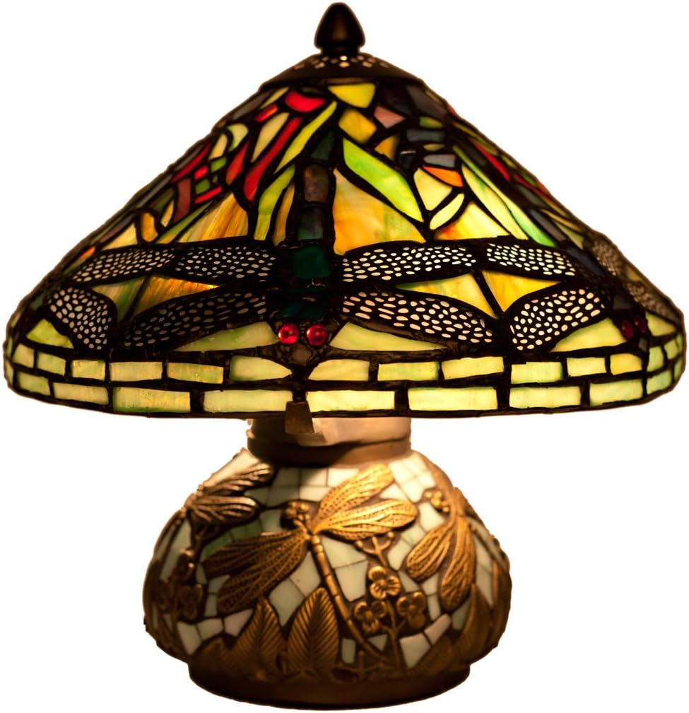 10" H Stained Glass Mini Dragonfly Table Lamp w/ Mosaic Base