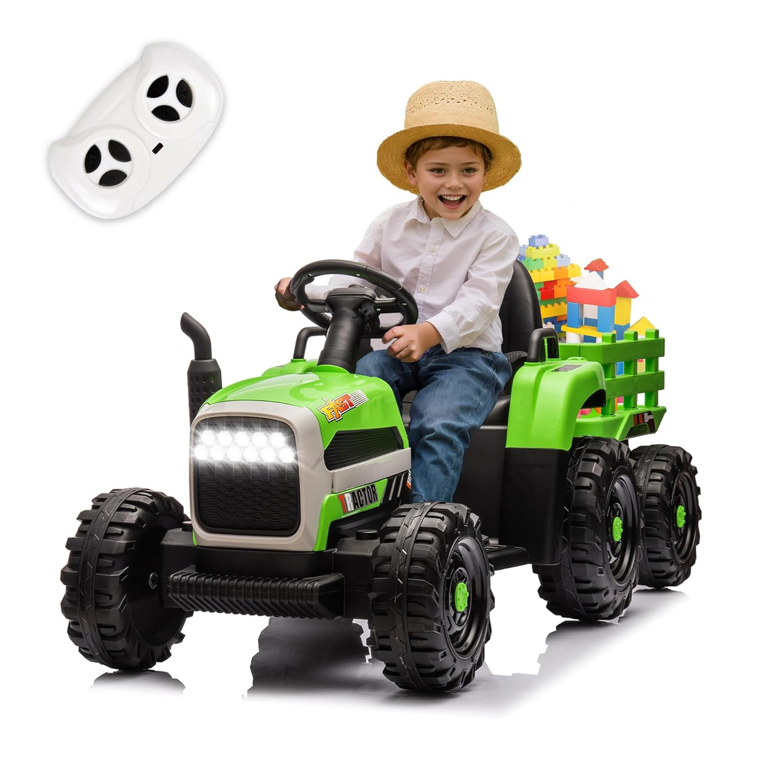 24V 400W Powered Electric Tractor for Kids, 3-Speed Ride On Tractor with Remote Control, USB/MP3/Bluetooth, LED Lights, Safety Belt, 1.86-4.97 MPH，Green