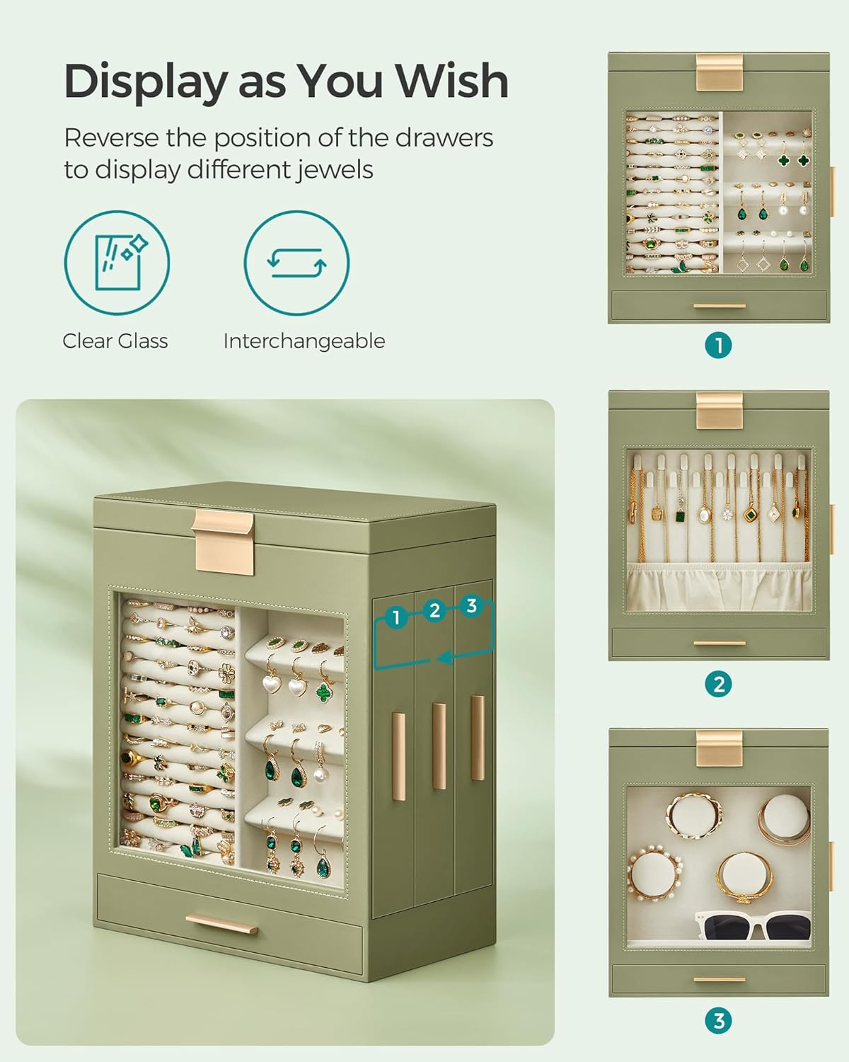 SONGMICS Jewelry Box with Glass Window, 5-Layer Jewelry Organizer with 3 Side Drawers, Jewelry Storage, with Big Mirror, Modern, 6.1 x 10.3 x 12.6 Inches, Laurel Green and Metallic Gold UJBC162C02