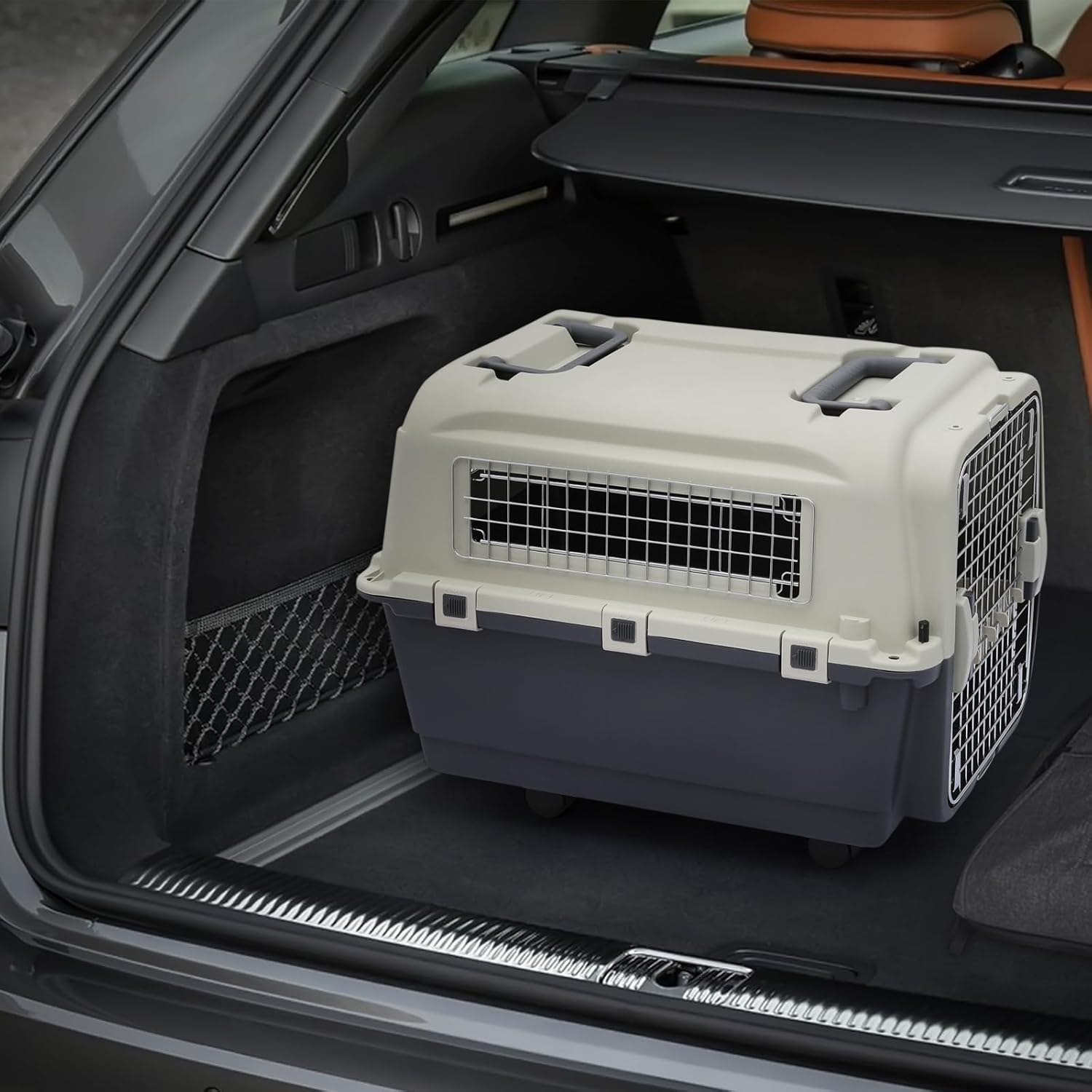 MoNiBloom Jaula Transpirable para Mascotas de 27 Pulgadas, Caja de Transporte, Perrera de Viaje para Perros con Tazones y Ruedas para Gatos y Gatitos, Aprobada por Aerolíneas, Blanco/gris