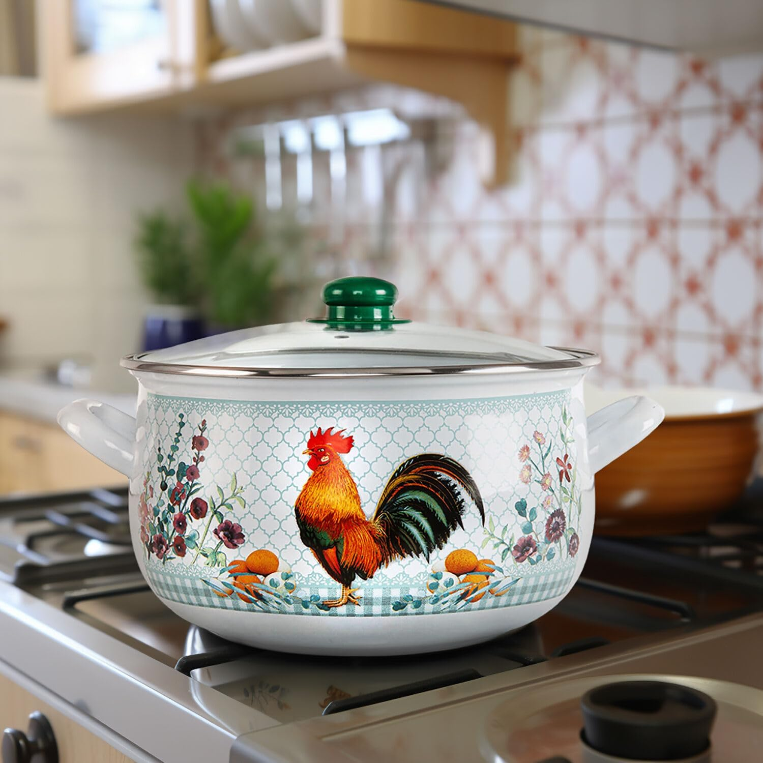 STP Goods Traditional Country Style Enamel Rooster Belly Deep Casserole With Glass Lid