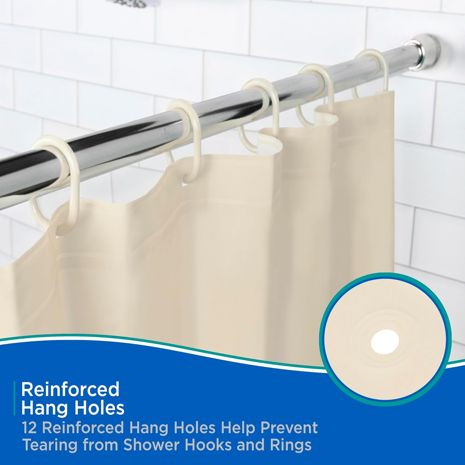 Kenney KN61756 Lightweight 3 Gauge Waterproof PEVA Shower Curtain Liner with Durable Eyelet Hang Holes, Weighted Magnetic Hem, and 12 Piece Plastic C-Ring Set for Bathroom, 70" W x 72" H, Cream