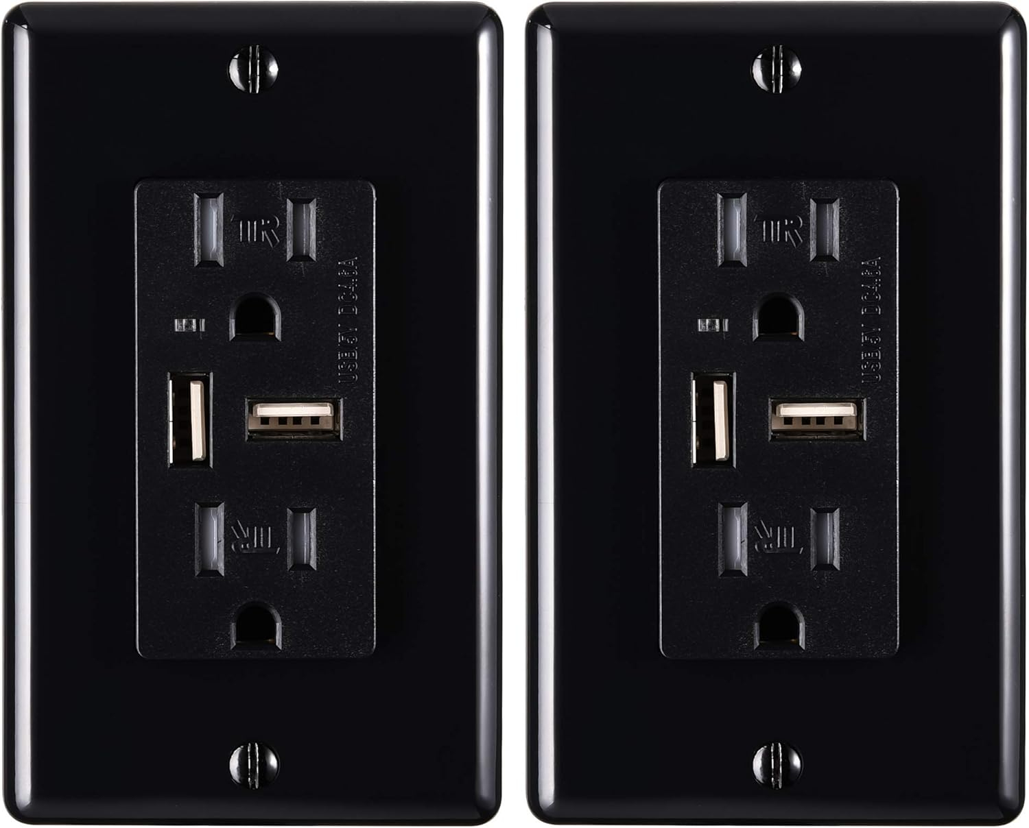 Faith 4.6A USB Outlet and 15A Decorator Tamper-Resistant Duplex Receptacle with Wall Plate, Black, 2-Pack