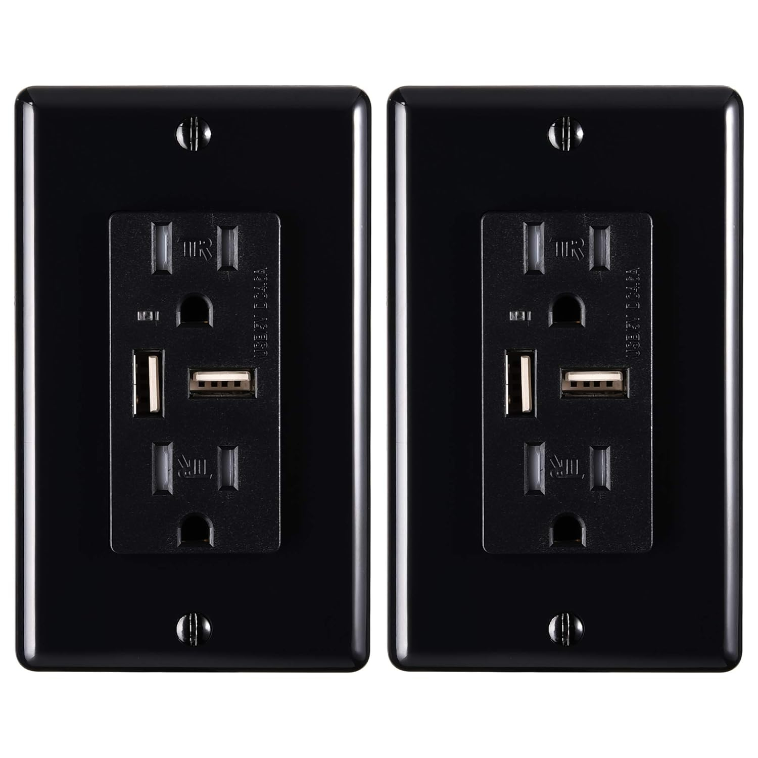 Faith 4.6A USB Outlet and 15A Decorator Tamper-Resistant Duplex Receptacle with Wall Plate, Black, 2-Pack