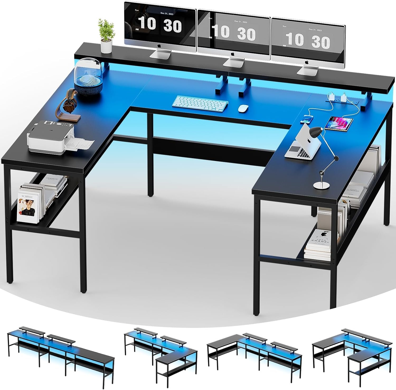 Jojoka U Shaped Computer Gaming Desk with LED Light & Power Outlets, Reversible 78.8" Large PC Desk with Monitor Stand & Storage Bag, Home Office Desk, Study Desk, Writing Desk, Workstation, Black