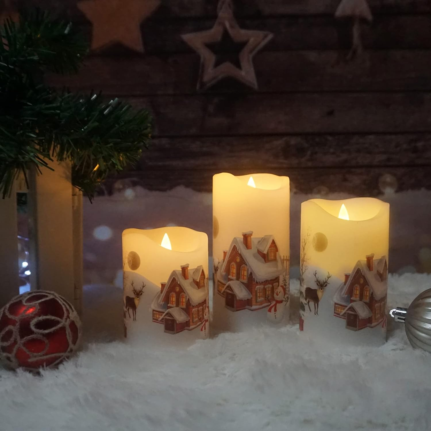 CANDLE CHOICE Christmas Flameless Candles with Remote Timer Real Wax Realistic Flickering Battery Operated Electric LED Pillars with Decals Reindeer Snowman Xmas Tree for Holiday Decorations 3 Pack
