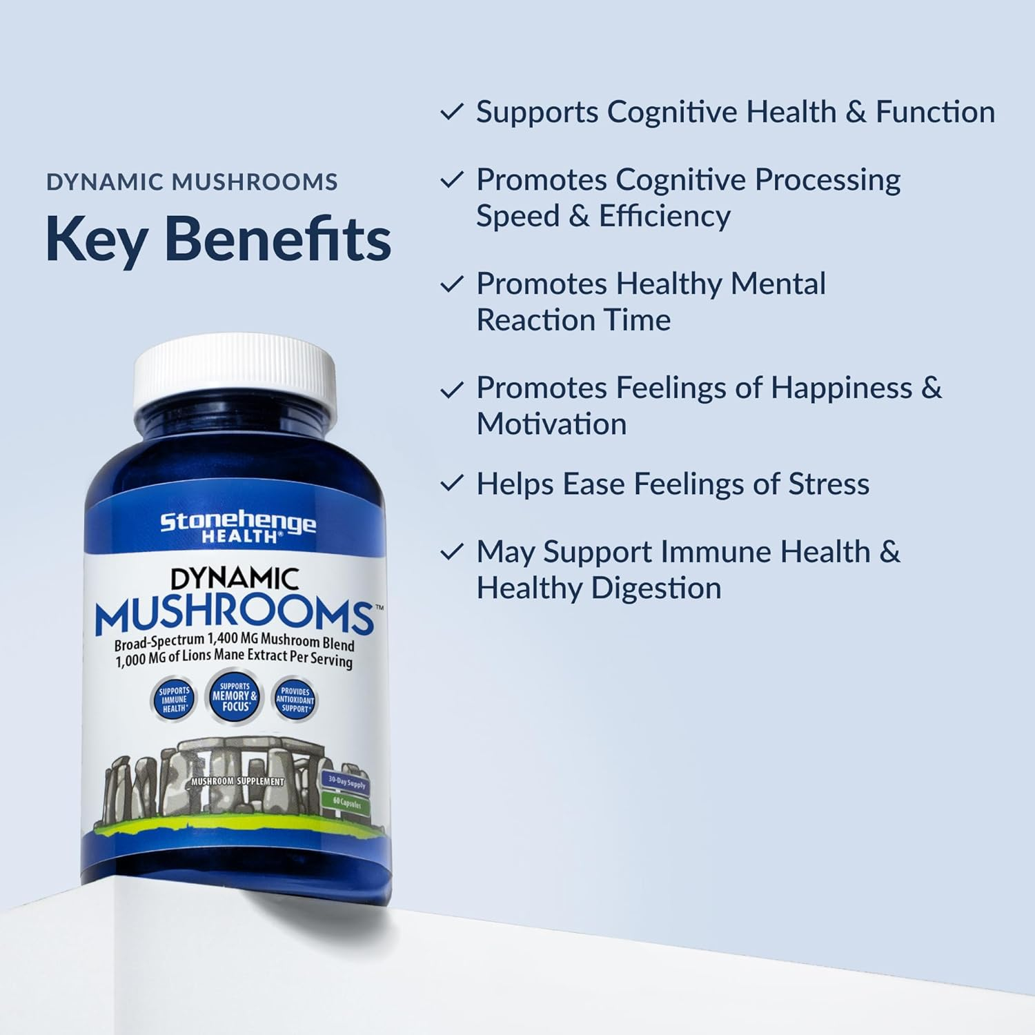Stonehenge Health Dynamic Mushrooms - 100% Fruiting Bodies & Extracts - Lion’s Mane, Chaga, Maitake, Shiitake, Reishi - Nootropic Brain & Focus, Immune System Booster No Mycelium, 60 Veggie Capsules
