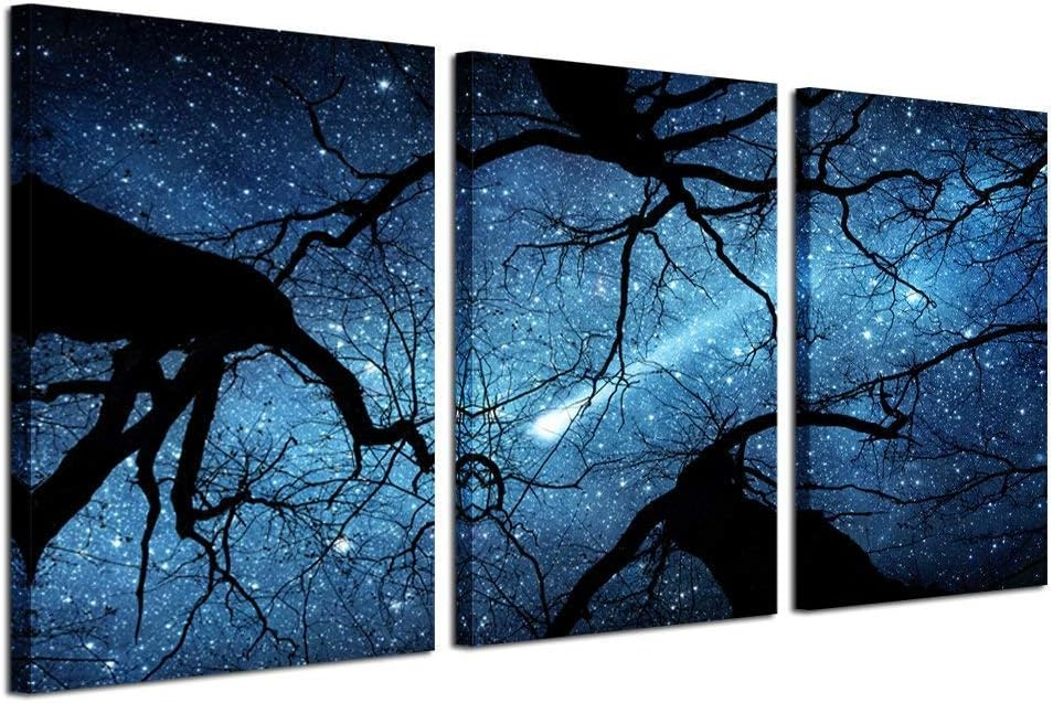 KREATIVE ARTS Night Starry Sky Surrounded Trees Forest Canvas Wall Art Prints Landscape Canvas Picture Wall Decal Home Decoration Ready to Hang 16x24nichx3pcs