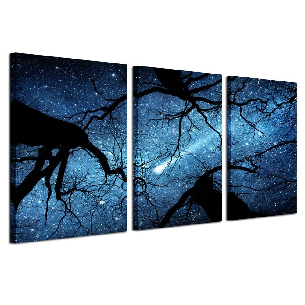 KREATIVE ARTS Night Starry Sky Surrounded Trees Forest Canvas Wall Art Prints Landscape Canvas Picture Wall Decal Home Decoration Ready to Hang 16x24nichx3pcs