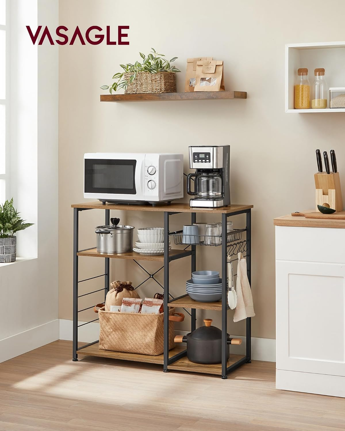 ALINRU Kitchen Baker’s Rack Coffee Bar Microwave Oven Stand 6 Hooks for Mini Oven Rustic Walnut and Black