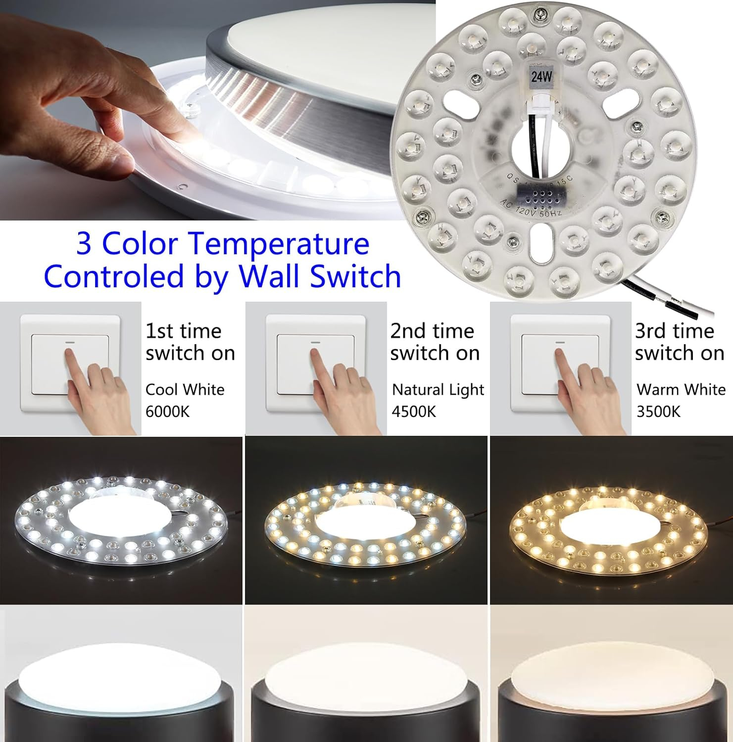 24W 5.3" LED Ceiling Fan Light Kit Replacement LED Light Board Panel,Retrofit LED Light Engine with 3 Color Temperature Memory Function