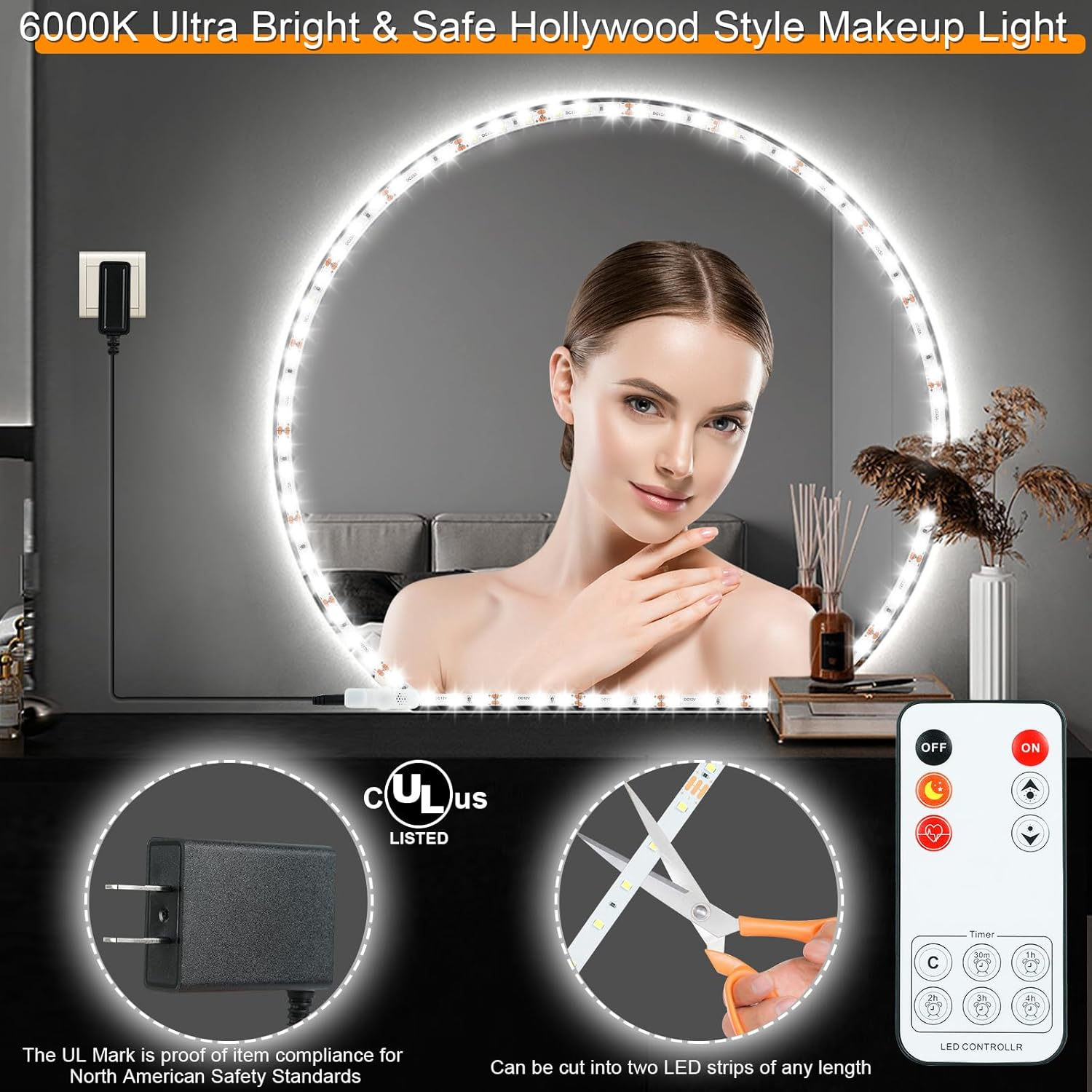LED Vanity Mirror Lights for Makeup Dressing Table Vanity Set 13ft Flexible LED Light Strip Kit 6000K Daylight White with Dimmer and Power Supply, DIY Mirror, Mirror not Included