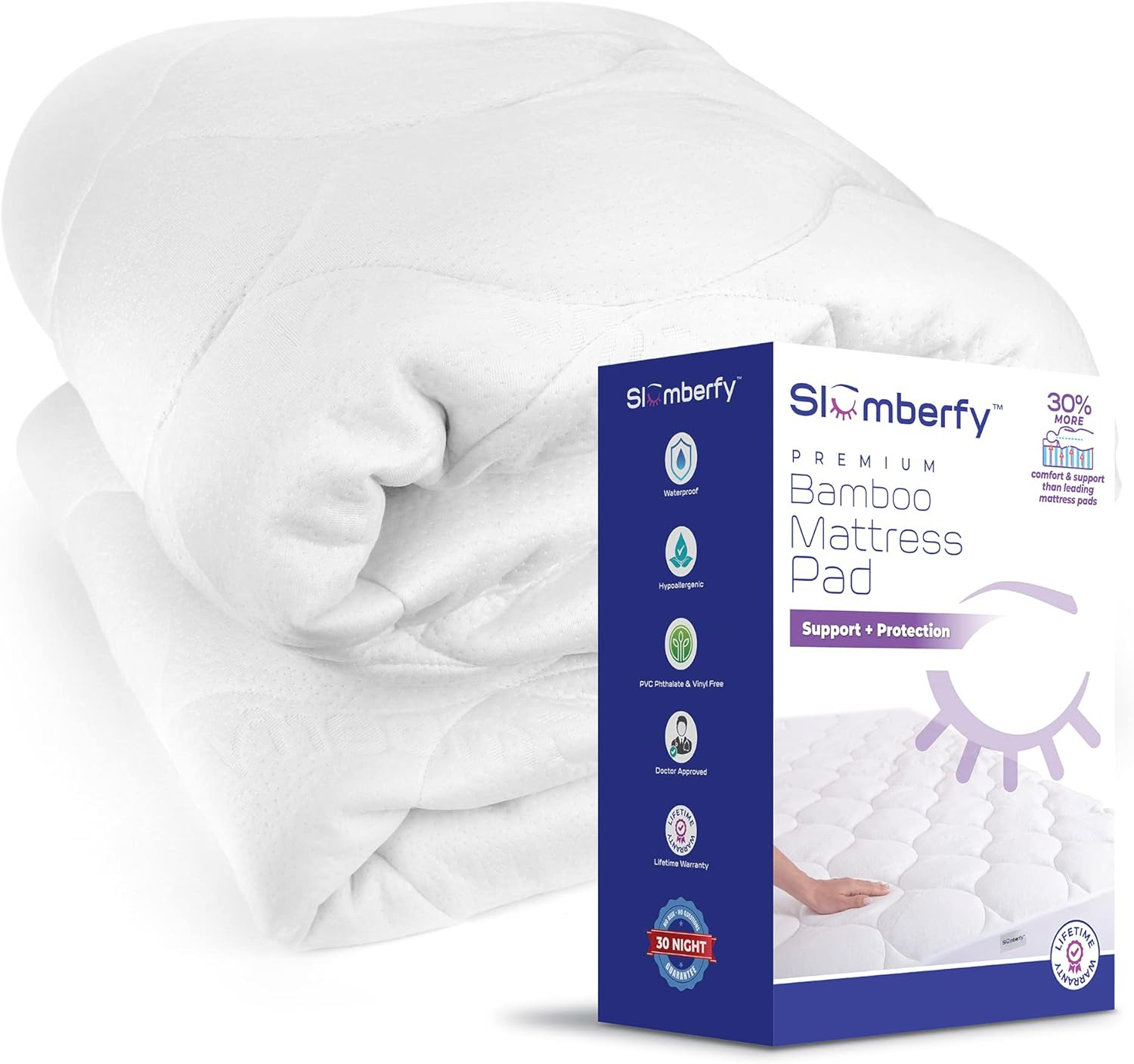 Cal King Size Waterproof Premium Mattress Pad by Slumberfy, Skin-Safe Mattress Pad with Bamboo Topper, All Natural & Breathable Fabric, Quilted, Fitted Bed Cover, Cooling Mattress Topper – 60x80 in.