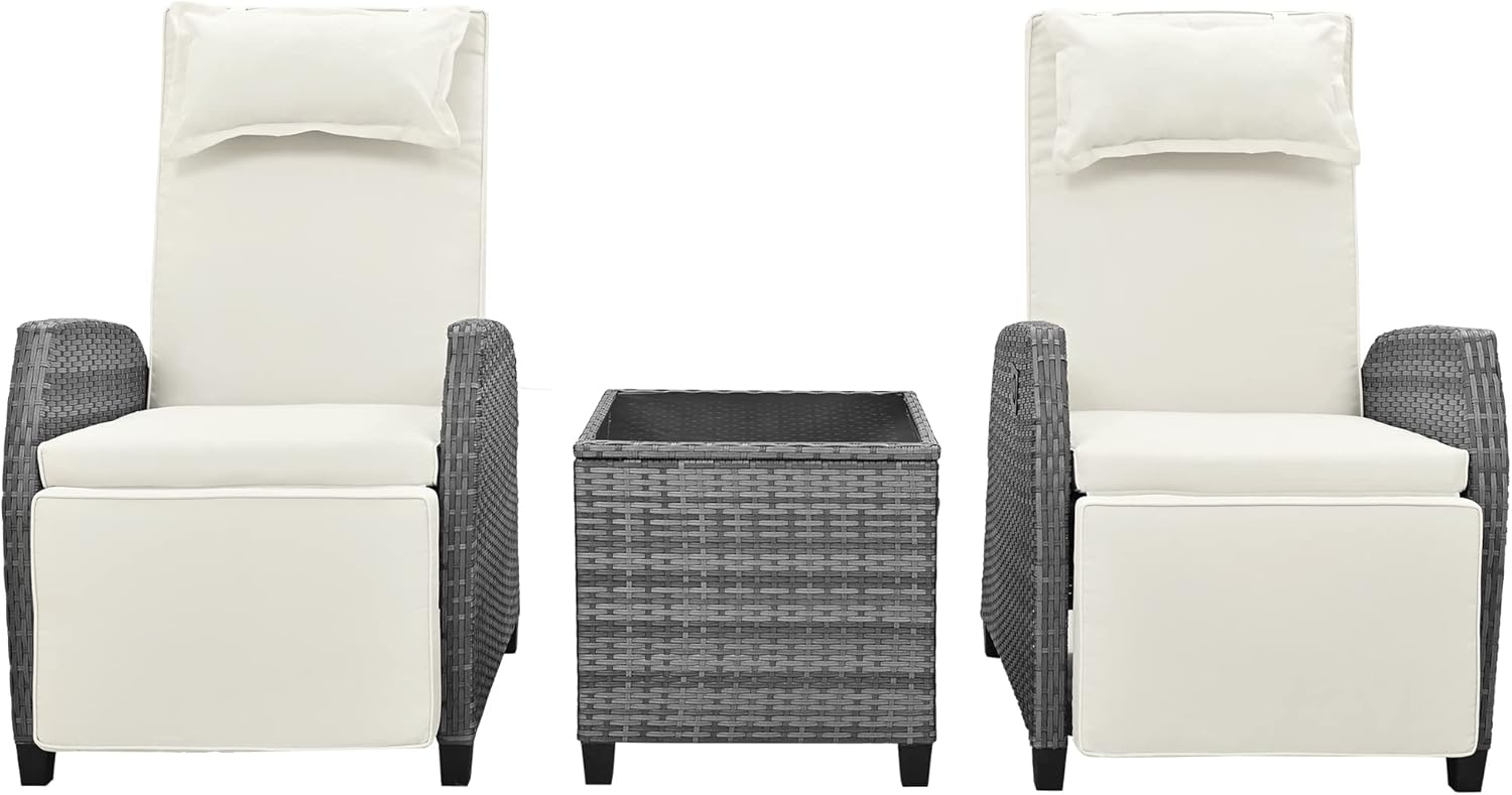Outdoor Recliner Chairs Set of 2, 3 Piece Rattan Sofa Set, Patio Rocking Chairs Set with Adjustable Footrest, Outdoor Rattan Reclining Chairs with Table & Pillow for Backyard, Porch (Beige)