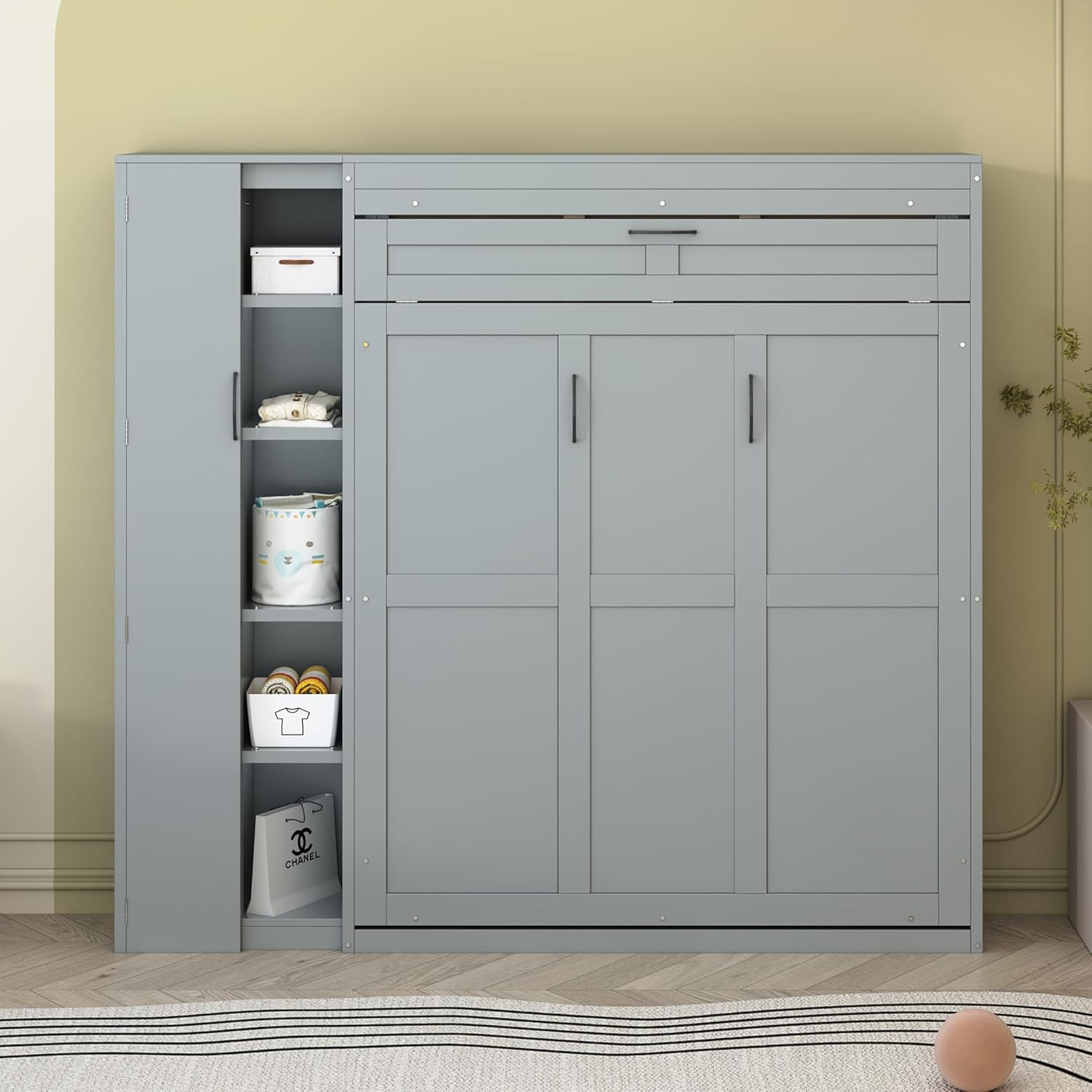 P PURLOVE Murphy Bed Full, Wood Wall Bed with Shelves, Wardrobe and LED Lights, No Box Spring Needed (Gray)