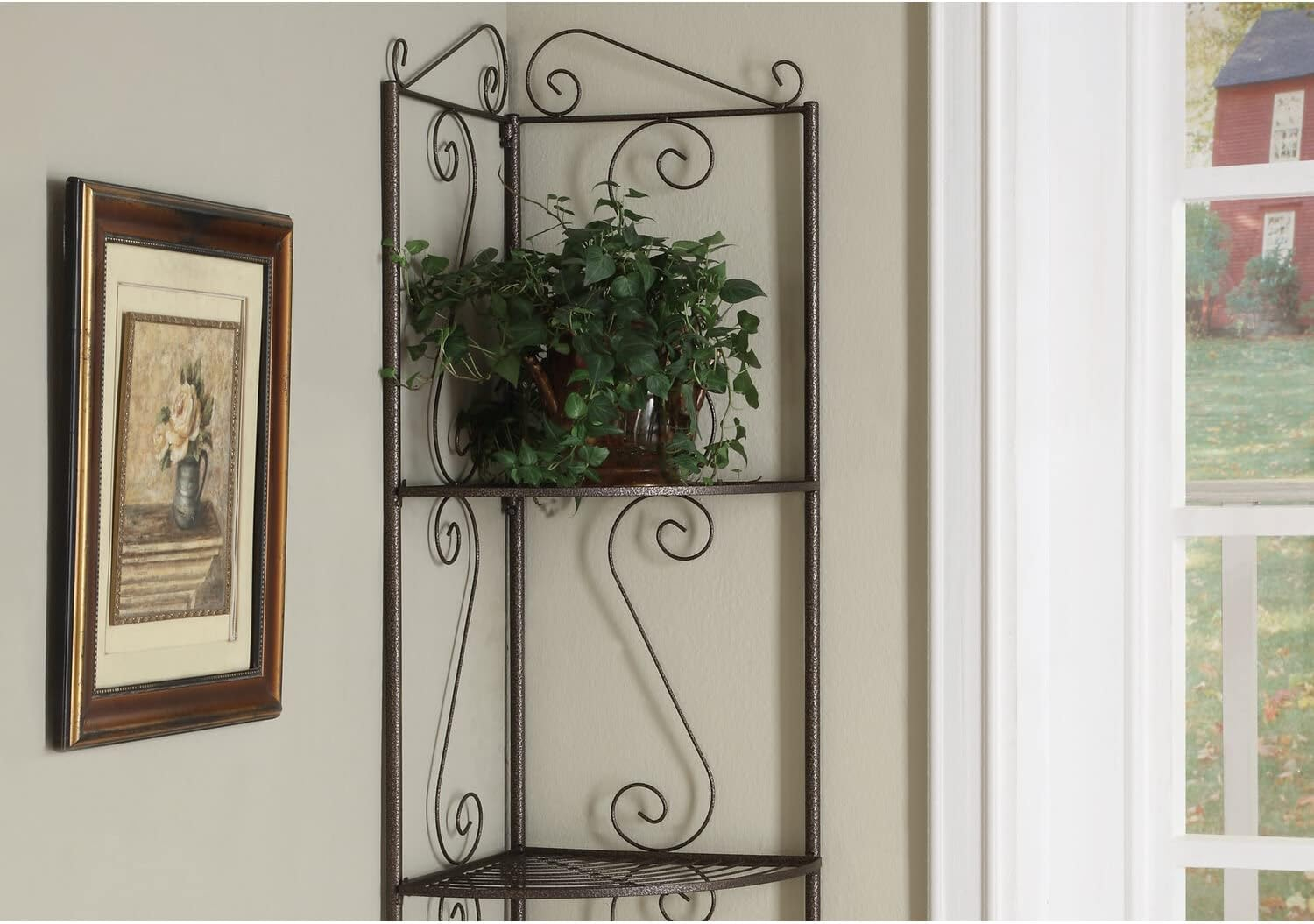 Industrial Brown Steel Corner Bookcase with Scroll Design