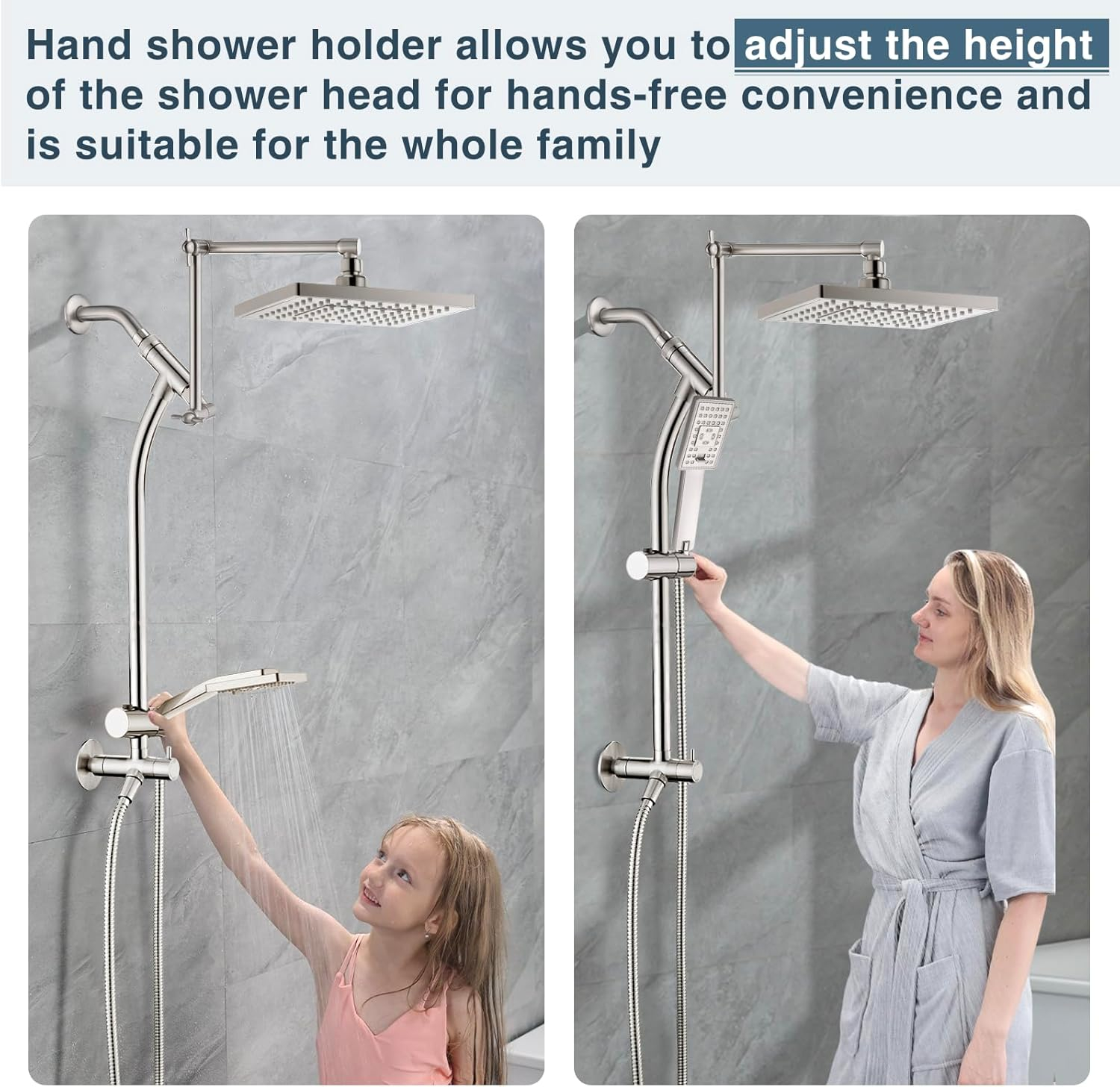 BRIGHT SHOWERS Rain Shower Heads System, Rainfall Shower Head with Handheld Spray Combo Includes Solid Brass Slide Bar, Height Adjustable Holder, Shower Extension Arm and 60" Hose, Brushed Nickel