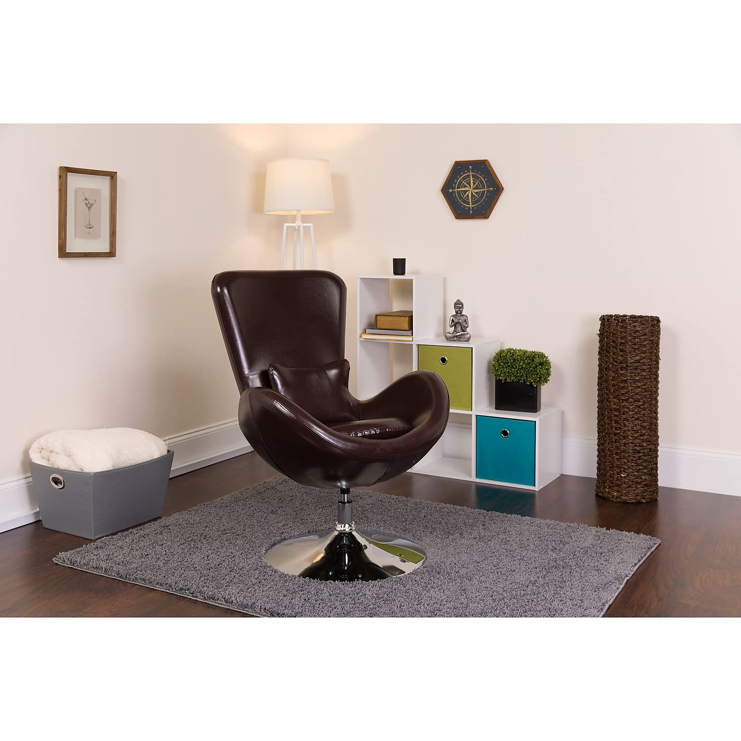 High Back Brown LeatherSoft Swivel Lounge Chair with Chrome Base