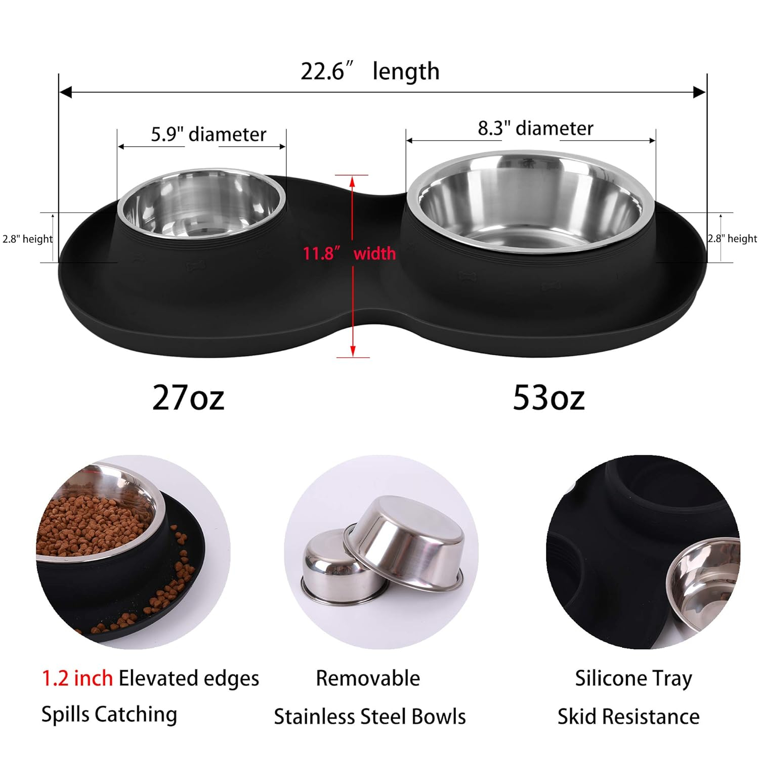 100% Waterproof BPA Free Pet Dog Bowls2 Stainless Steel（53oz+27oz） with 1.35“ Raised Edge Silicone Mat + Slow Feed Dog Water and Food Bowls for Feeding Small Large Dogs Cats Puppies (Black)