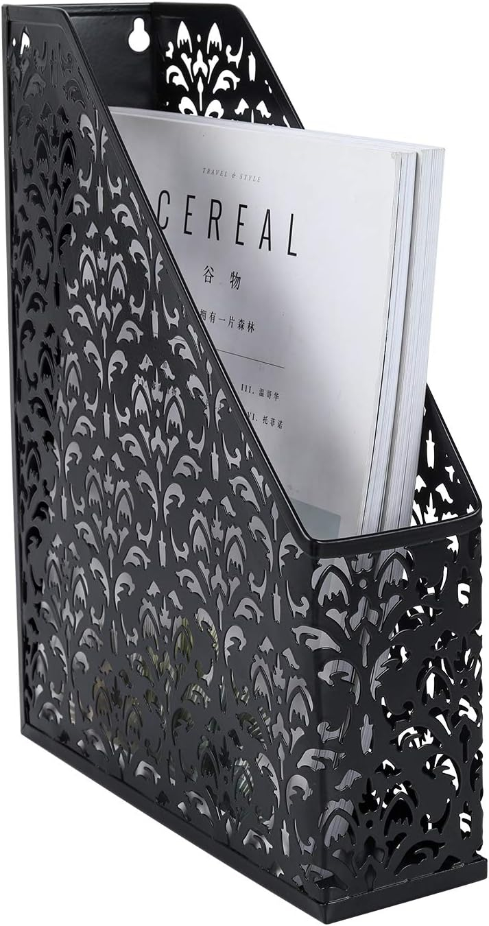 EasyAPG Heavy Duty Metal Magazine File Holder - Carved Hollow Flower Pattern Design, No Assembly Desk Organizer for Legal Size Files, Home Office Storage Rack, Black