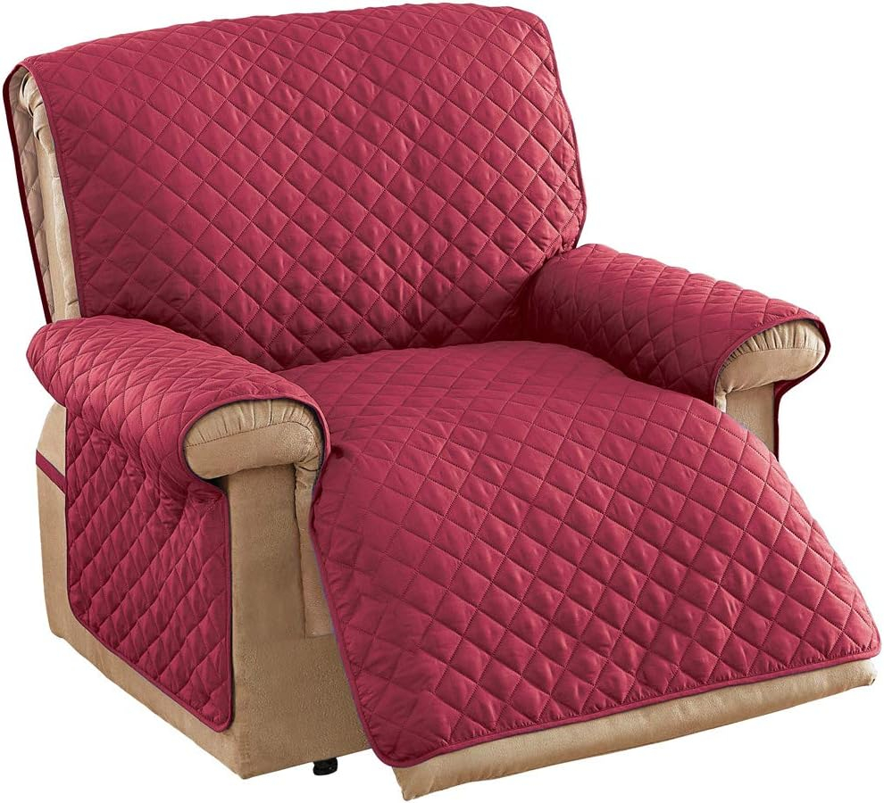 Collections Etc Reversible Quilted Jumbo Recliner Cover, Spill-Resistant with Ties - Covers Seat Bottom, Seat Back and 2 Seat Arms (Jumbo Recliner, Burgundy/Taupe)