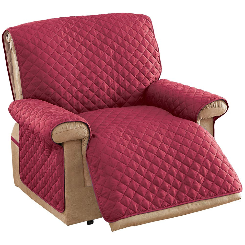 Collections Etc Reversible Quilted Jumbo Recliner Cover, Spill-Resistant with Ties - Covers Seat Bottom, Seat Back and 2 Seat Arms (Jumbo Recliner, Burgundy/Taupe)