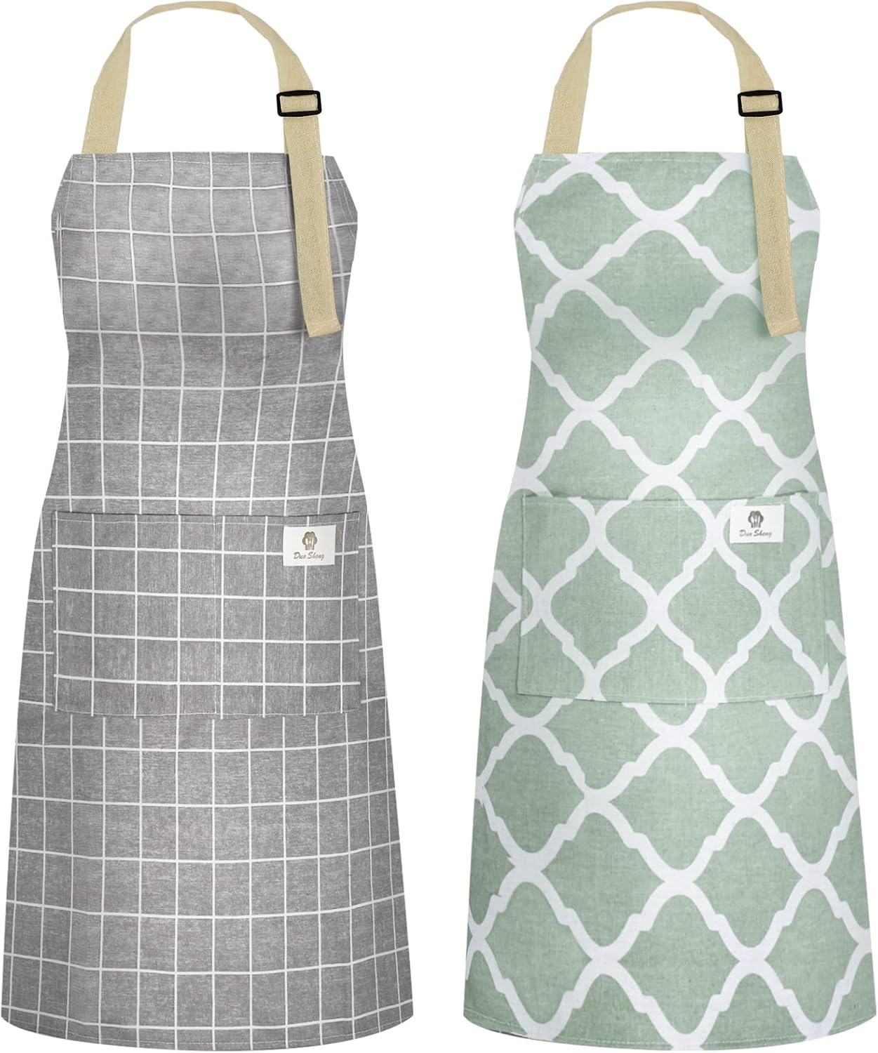 2 Pieces Aprons for Women with Pockets, Cotton Linen Waterproof Kitchen Cooking Aprons, Chef Apronfor Men Women with Adjustable Neck Strap and Long Ties(Grey/Green)