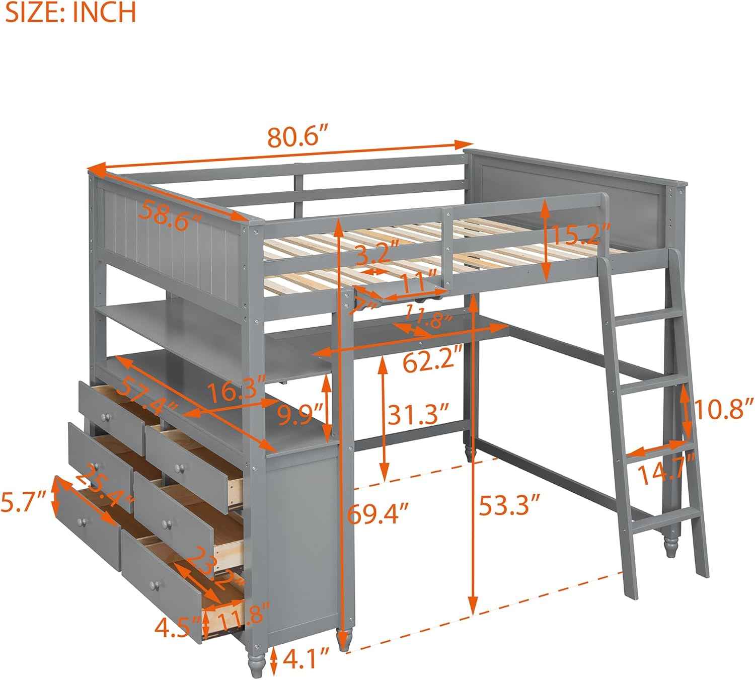 Full Size Loft Bed with Desk and Storage Drawers, Wood Loft Bed Frame with Shelves and Ladder for Kids Adults Boys Girls Teens, Gray