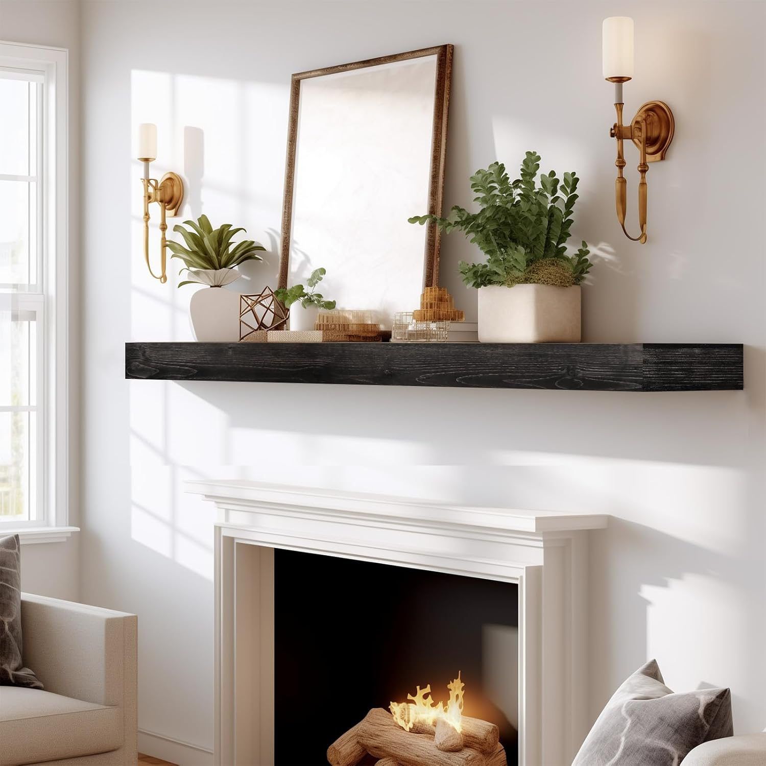 Fireplace Mantel Handmade, 3'' Thick Wall Decor Long Floating Shelf, 60inch Rustic Wood Shelf with Invisible Brackets, Black