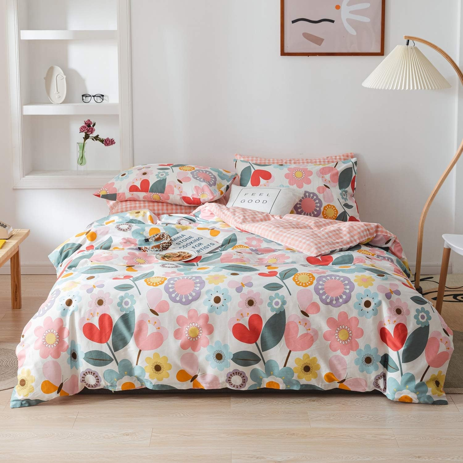 100% Cotton 3 Piece Floral Duvet Cover Set - Fresh Garden Style Flowers, Zipper Closure, Queen Size