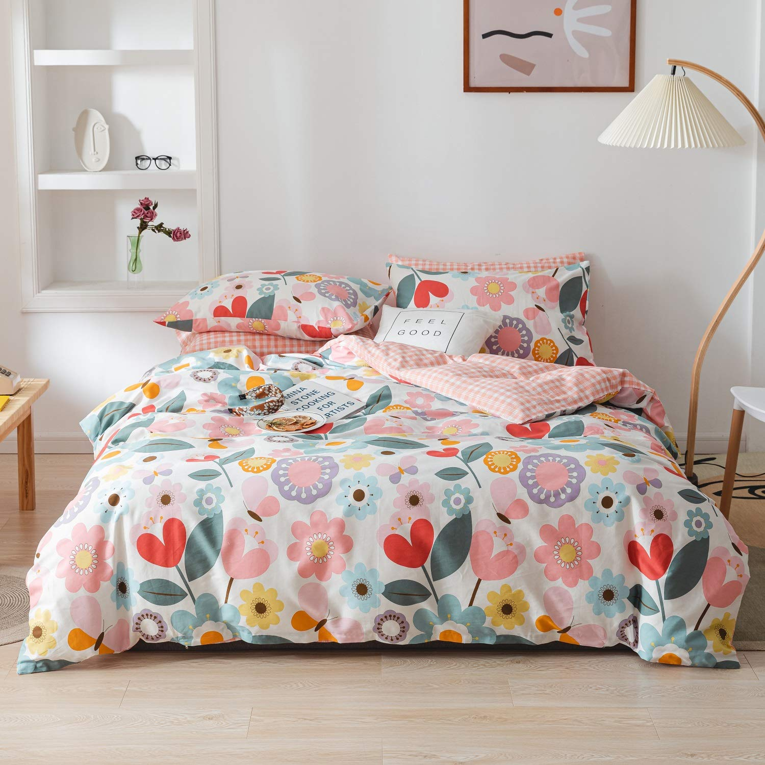 100% Cotton 3 Piece Floral Duvet Cover Set - Fresh Garden Style Flowers, Zipper Closure, Queen Size