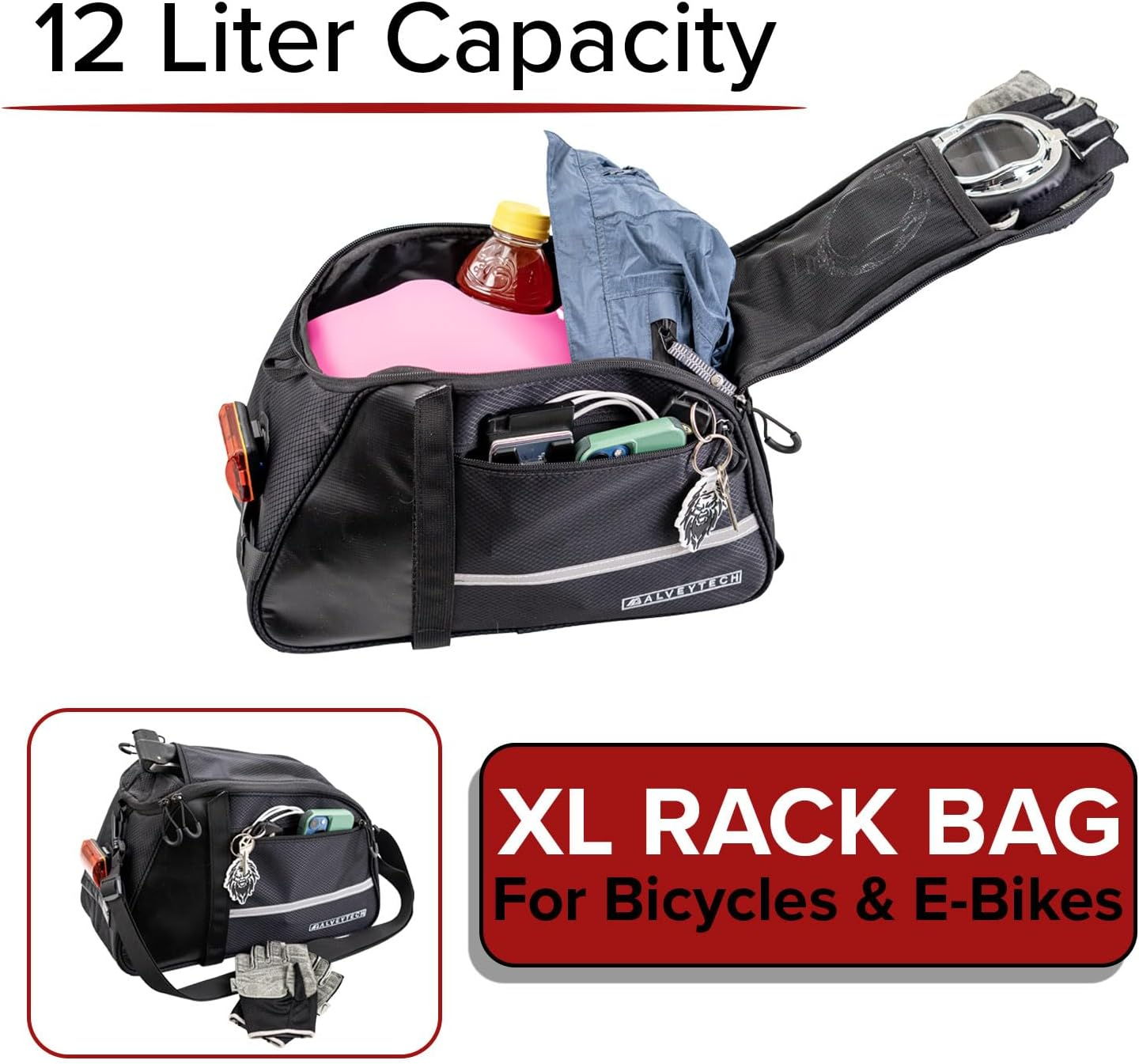 AlveyTech XL Rear Rack Bag for Bicycle and eBike - Water-Resistant 12L Bike Trunk Bag, Bags for Bicycles Rear Rack, Back Seat Rack Bags for Bikes and e-Bikes, Large Cargo Storage Carrier for Cycling