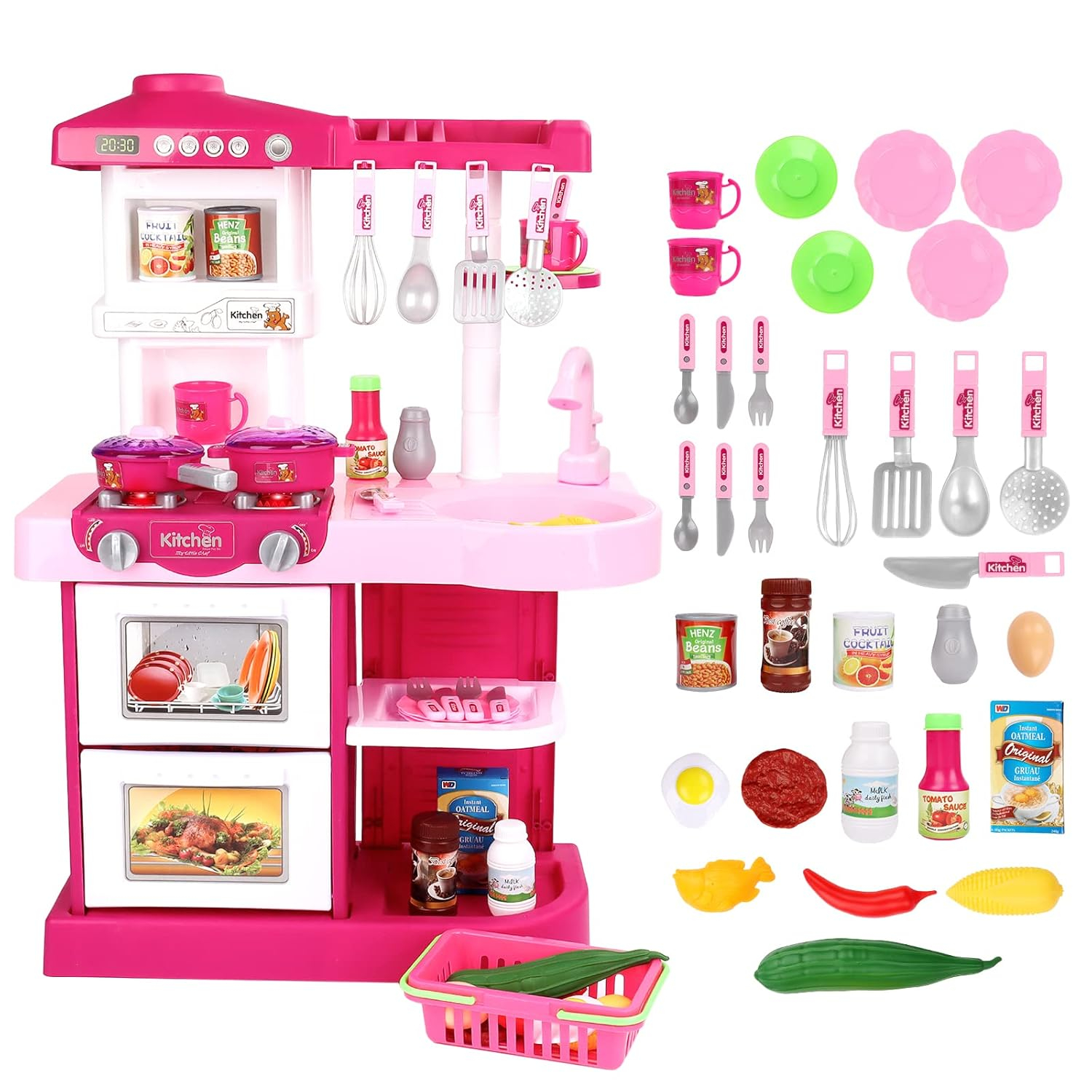 Wellsay Kitchen Playset Toy Pretend Food with Sounds and Lights Role Playing Game Pretend Food Playset for Toddlers,Pink