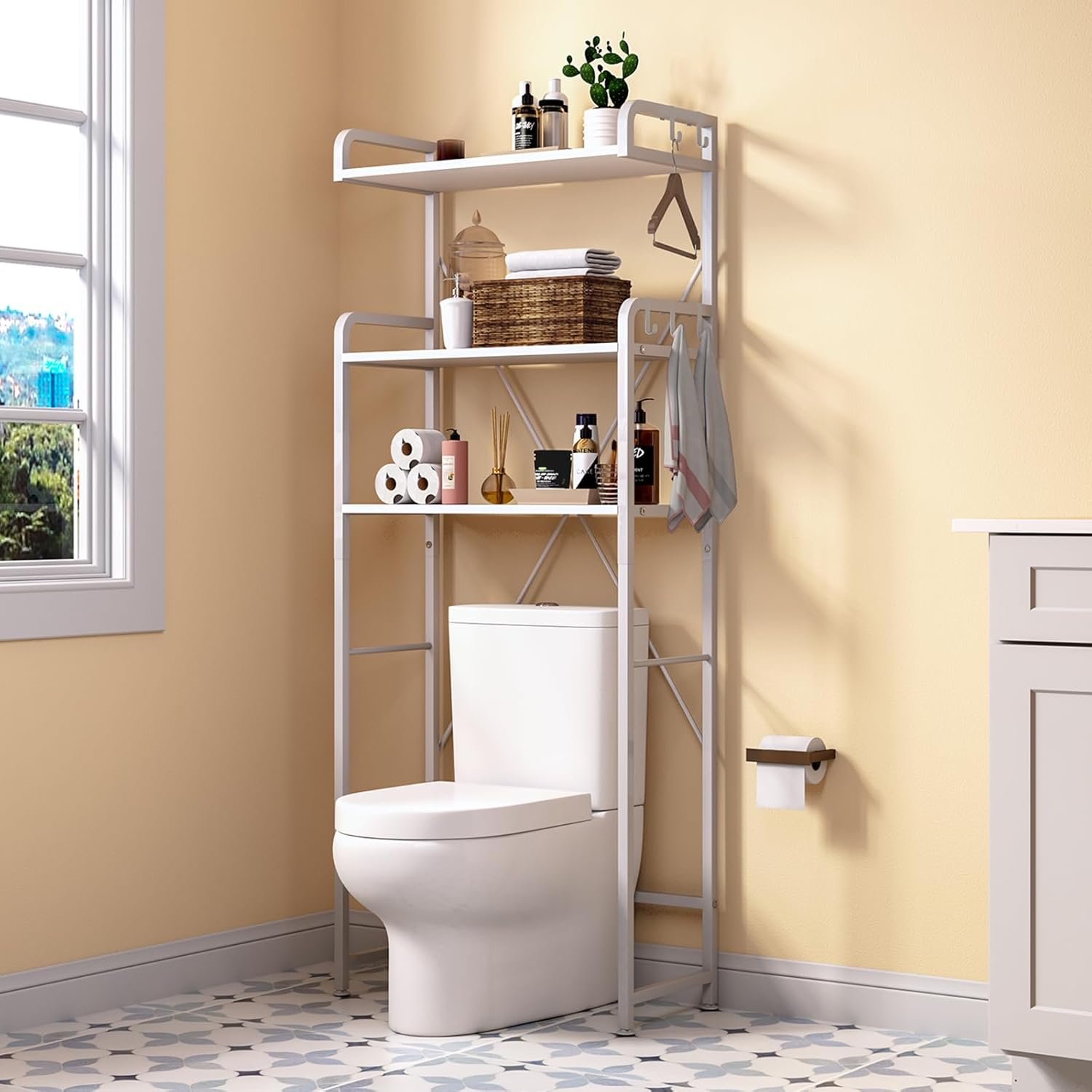 Over The Toilet Storage Rack with 3-Tier Bathroom Shelves, Space Saver Toilet Shelf, Bathroom Storage Organizer with Hooks for Over Toilet Storage and Shelf (White)