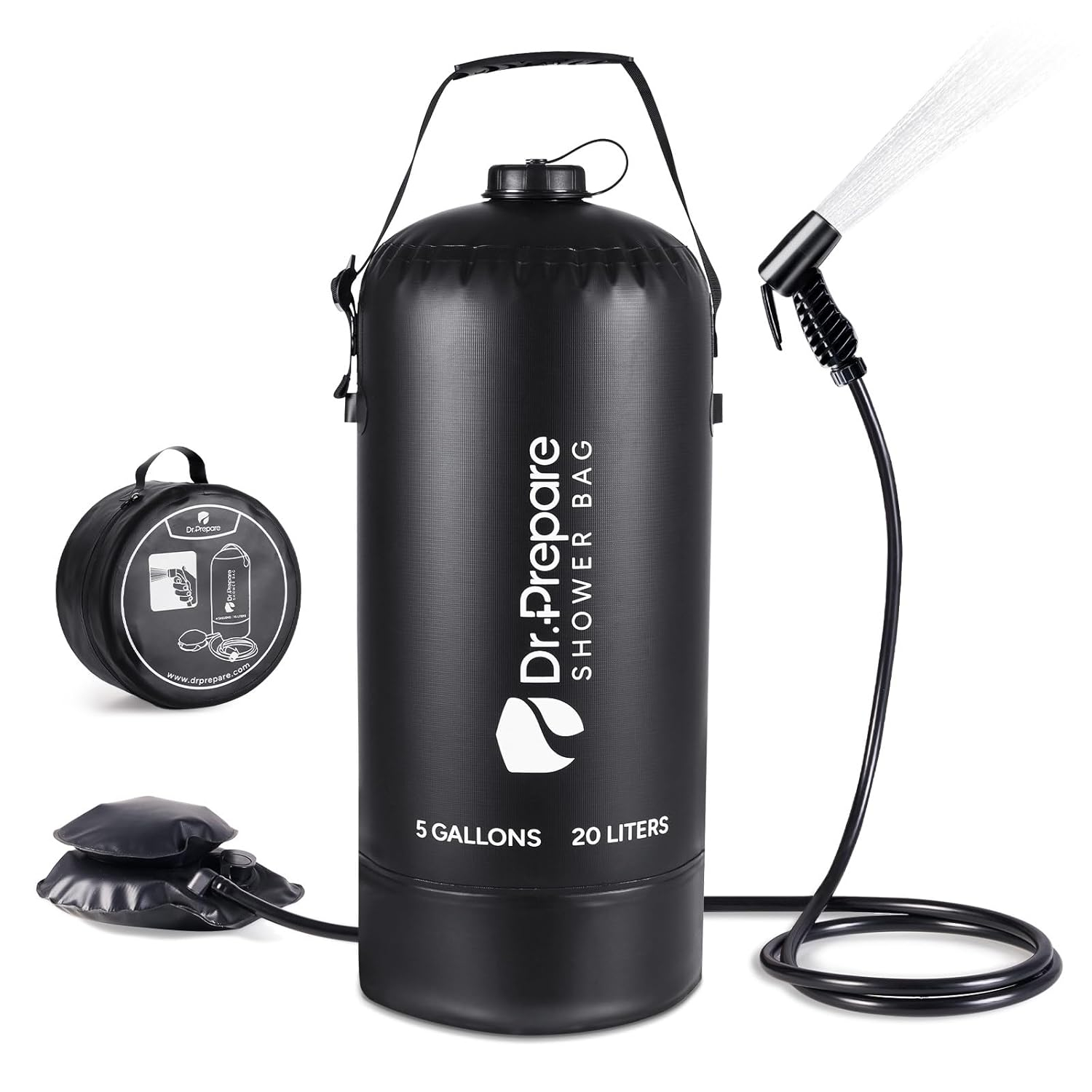 Black PVC Portable Camping Shower with Foot Pump, 5 Gallons