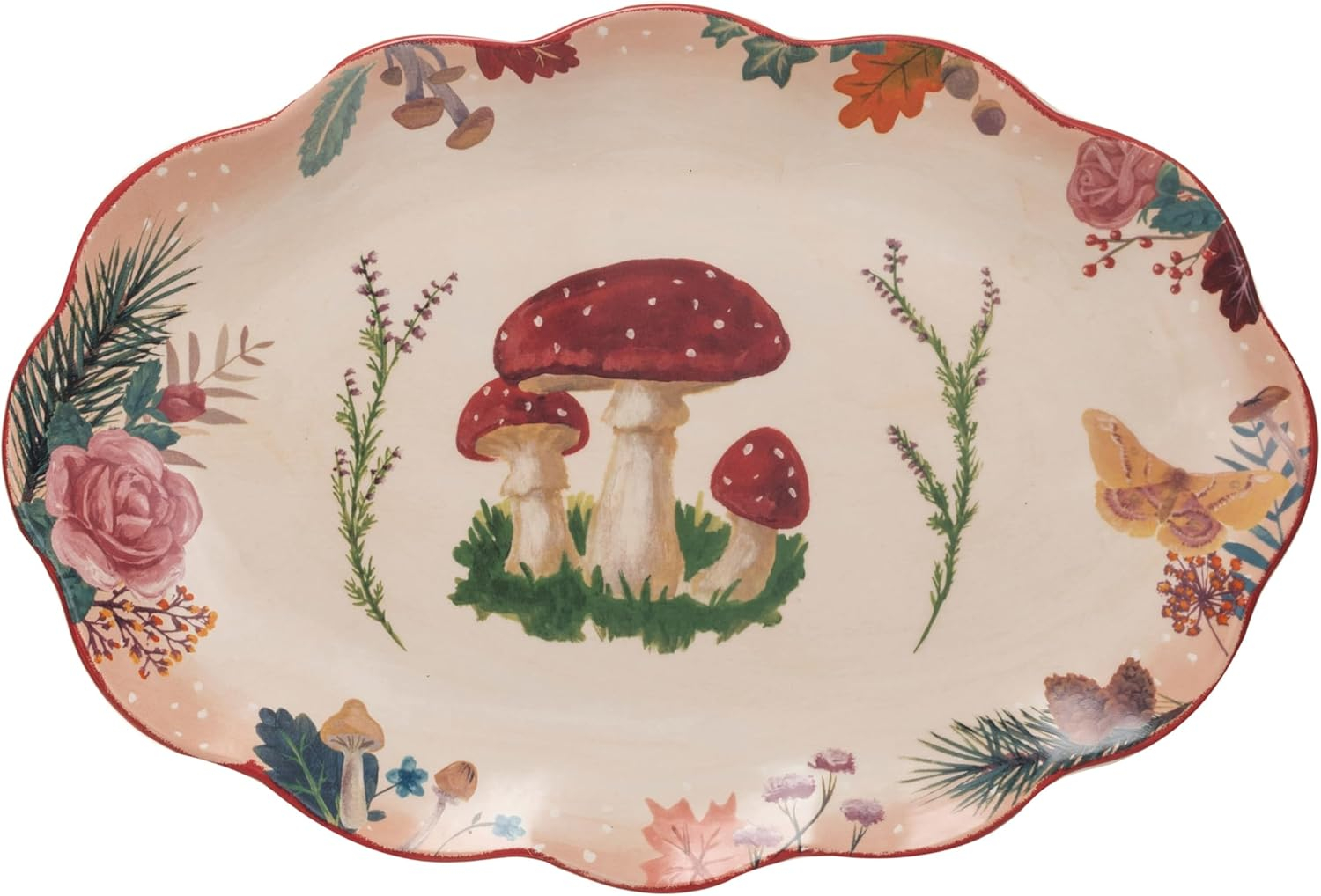 Creative Co-Op Ceramic Platter with Woodland Flora and Red Rim, Multi Color