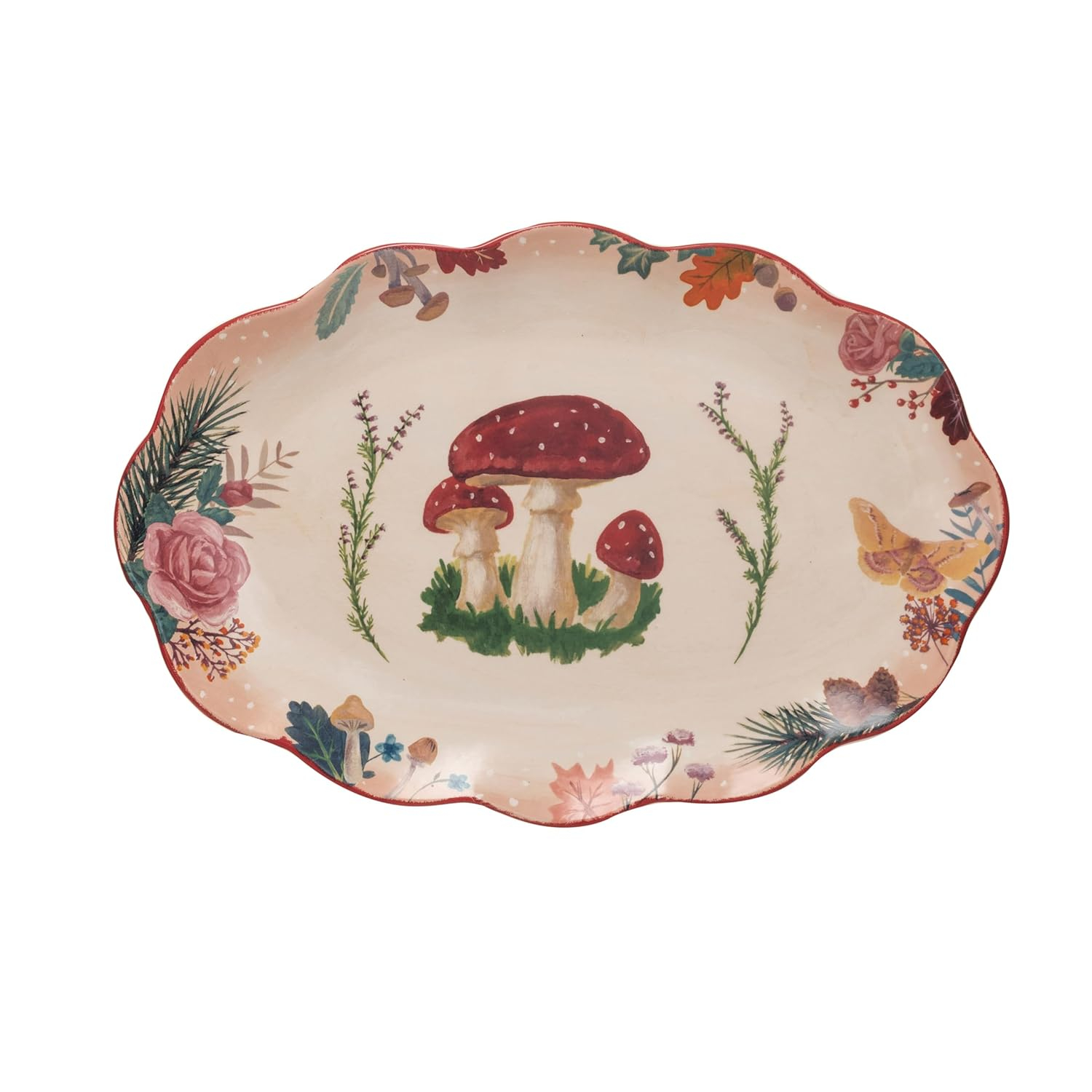 Creative Co-Op Ceramic Platter with Woodland Flora and Red Rim, Multi Color