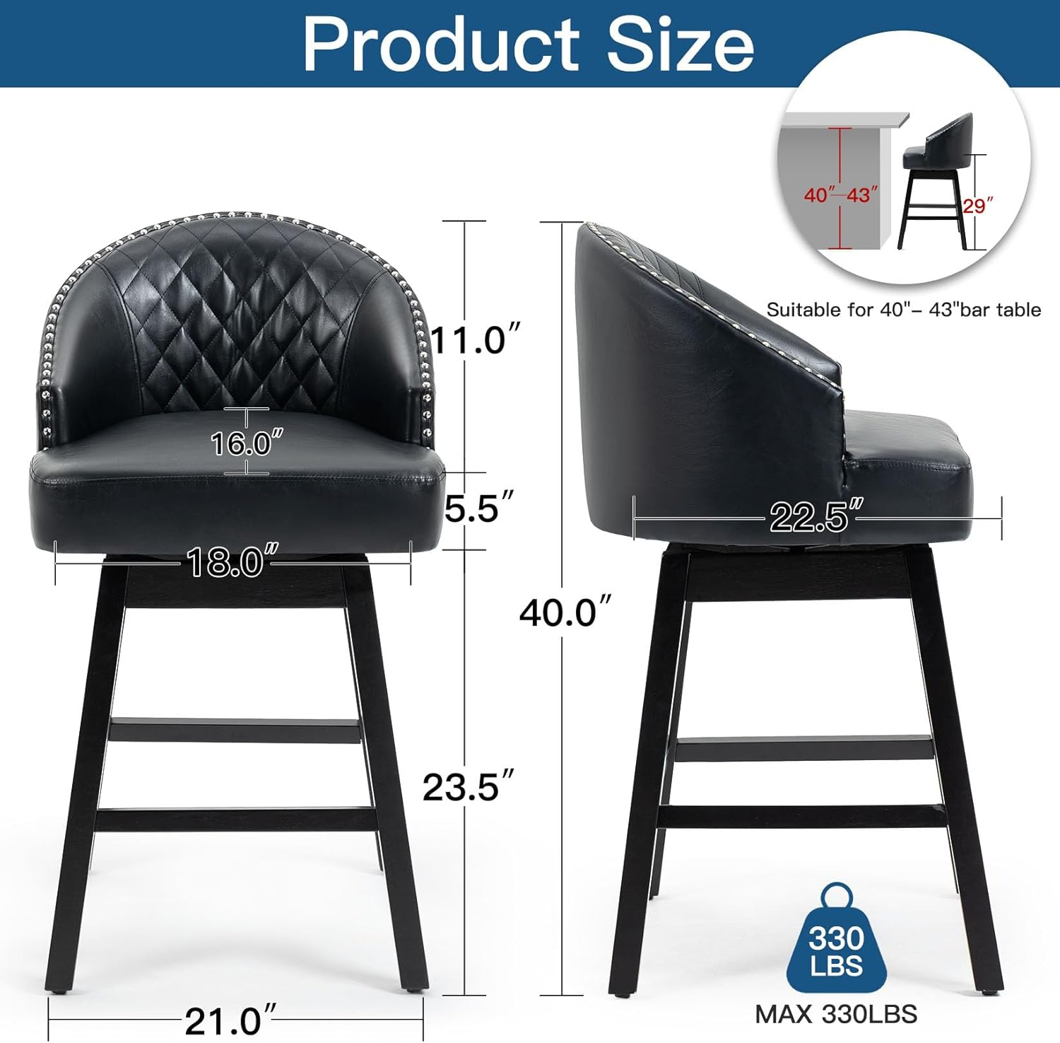 ECOTOUGE Swivel Barstools Set of 2, 29" Seat Height Bar Stools with Back & Rubber Wood Legs, PU Leather Counter Stools for Kitchen Island, Dining Room, Pub & Cafe (2PCS,Black)