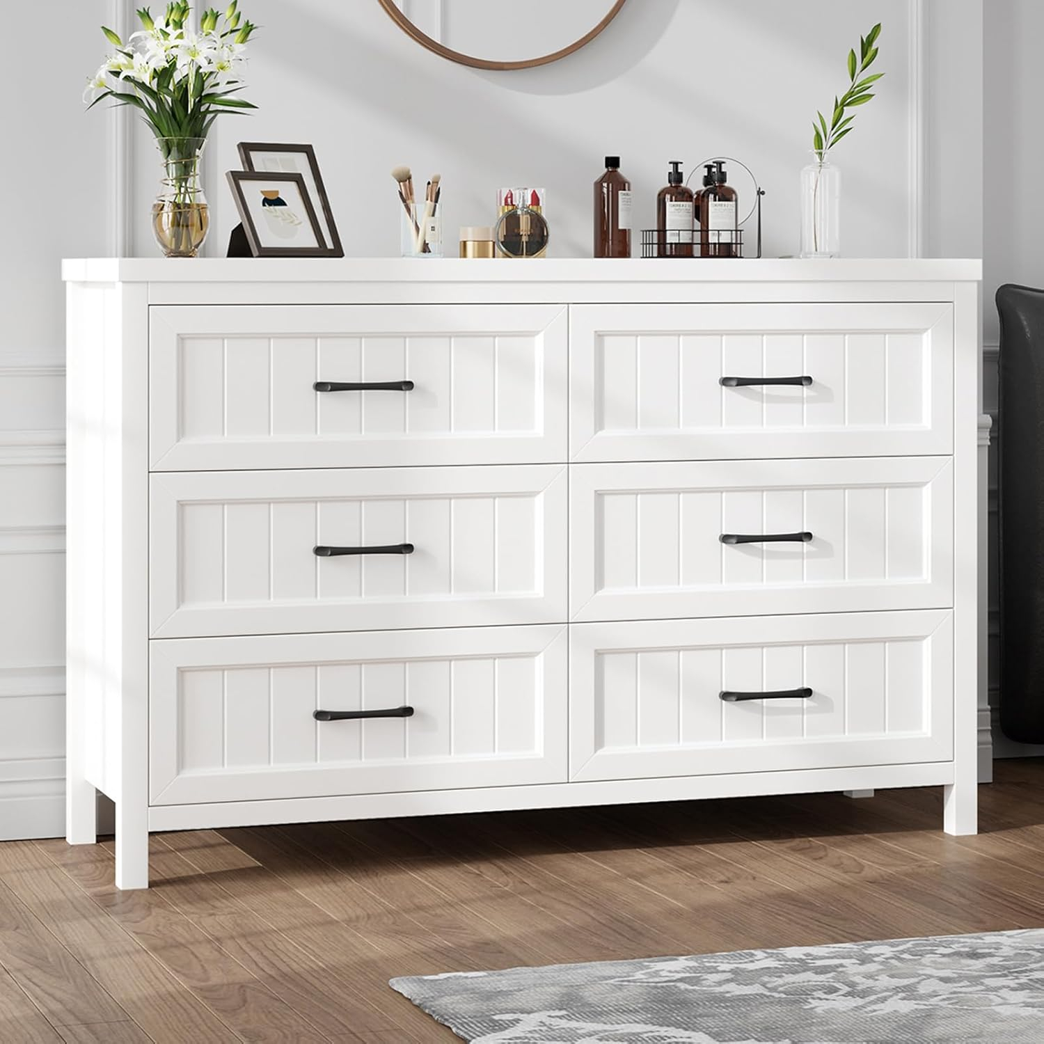 6 Drawer Dresser for Bedroom, Farmhouse Dresser with Deep Drawers, Large White Dresser Wooden Double Dresser Chest of Drawers for Living Room, Hallway, Entryway (White, 6 Drawer)