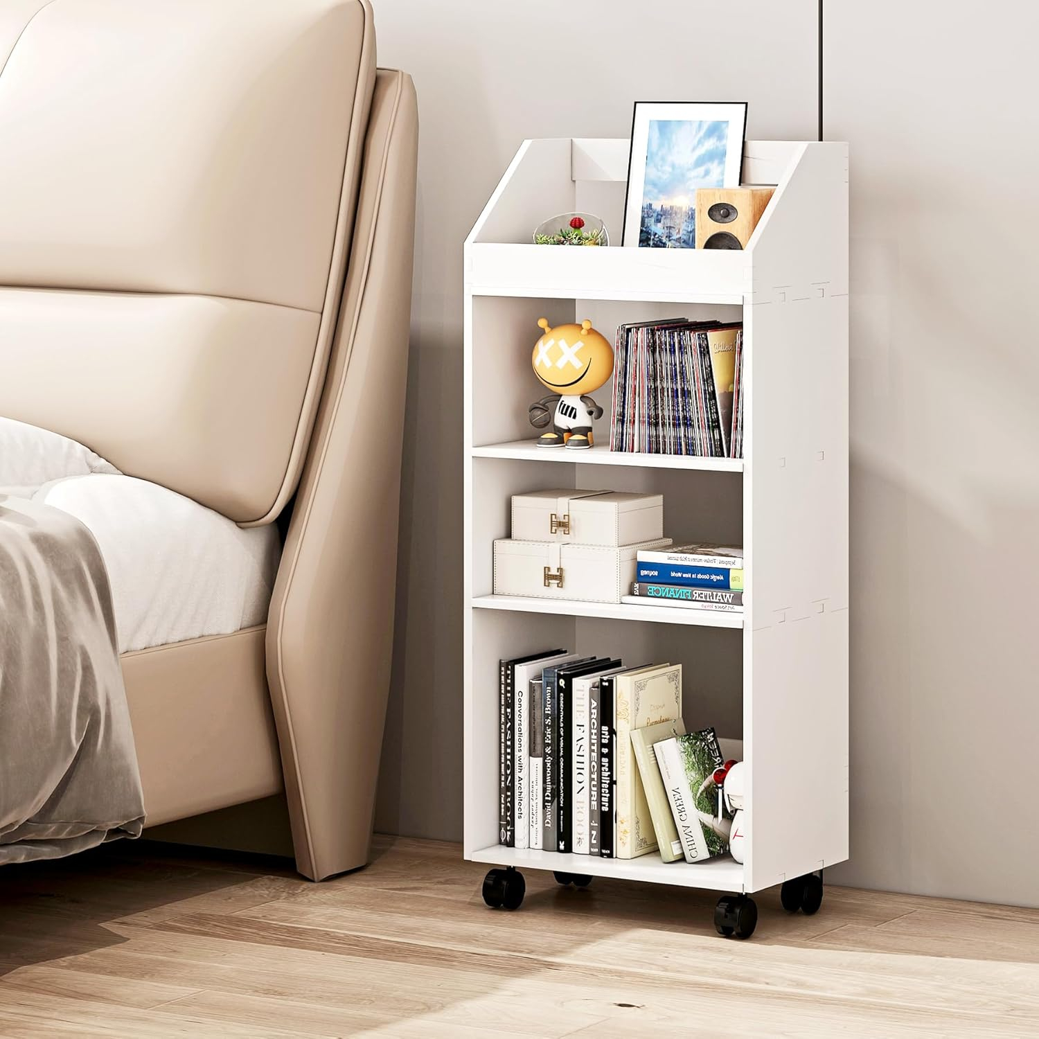 4-Tier Mobile Bookshelf, White Bookcase with Wheels, Rolling File Holder Desk File Book Organizer for Home Office Living Room School